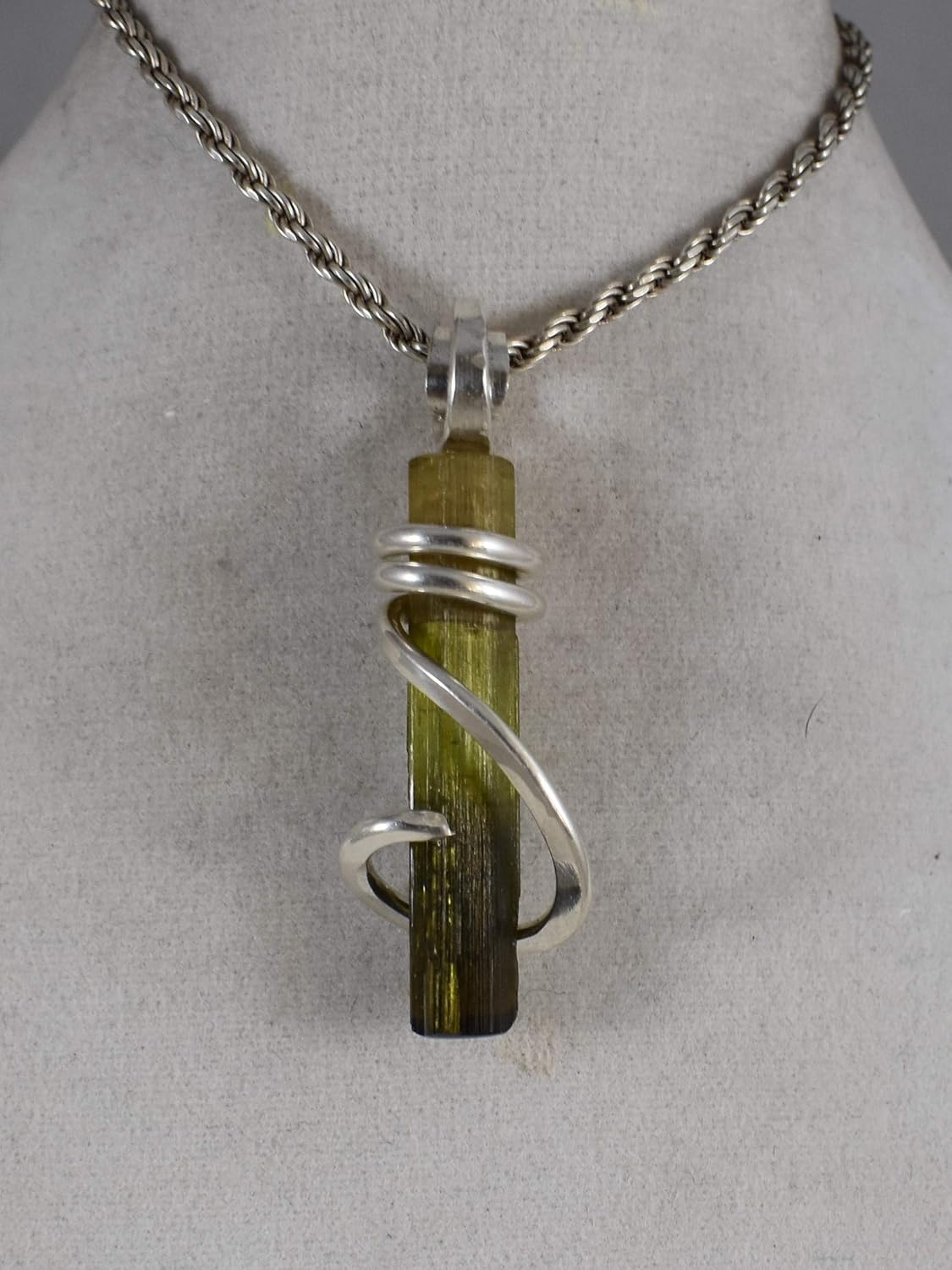 Green Tourmaline Crystal Hand Wrapped Stone Pendant in Silver - Image 2