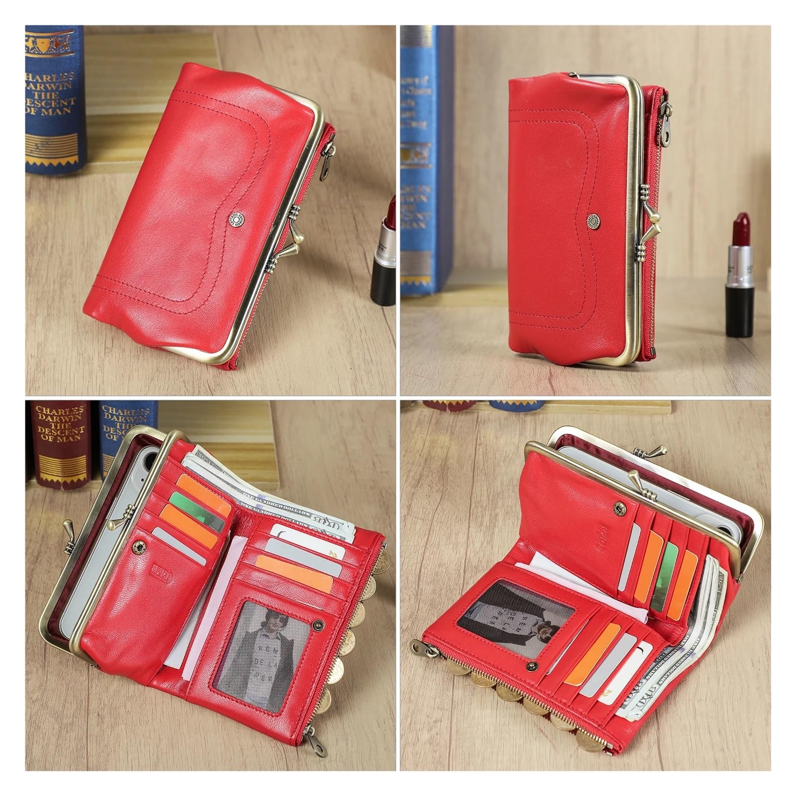 Portafogli lunghi in vera pelle Kiss Lock for donna Portamonete con portamonete con struttura in metallo Portamonete classico