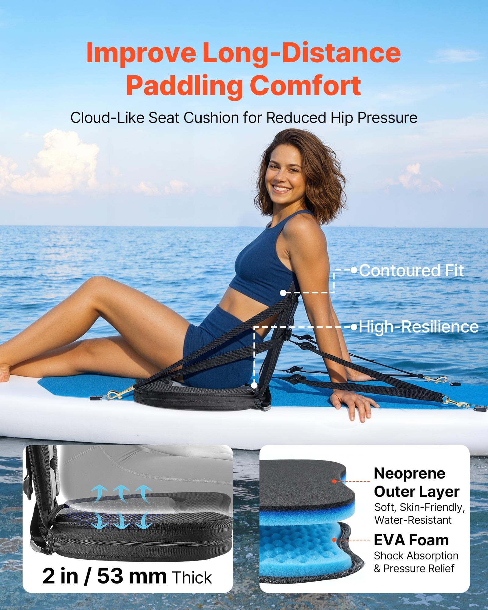 VEVOR 2 x Kajaksitz 53 mm Dicke, Gepolsterter Sitz für Stand-Up-Paddle-Board, Bootssitz mit Rückenlehne & Aufbewahrungstasche & Verstellbaren Gurten für SUP Kanu Angelboot Aufblasbares Kajak
