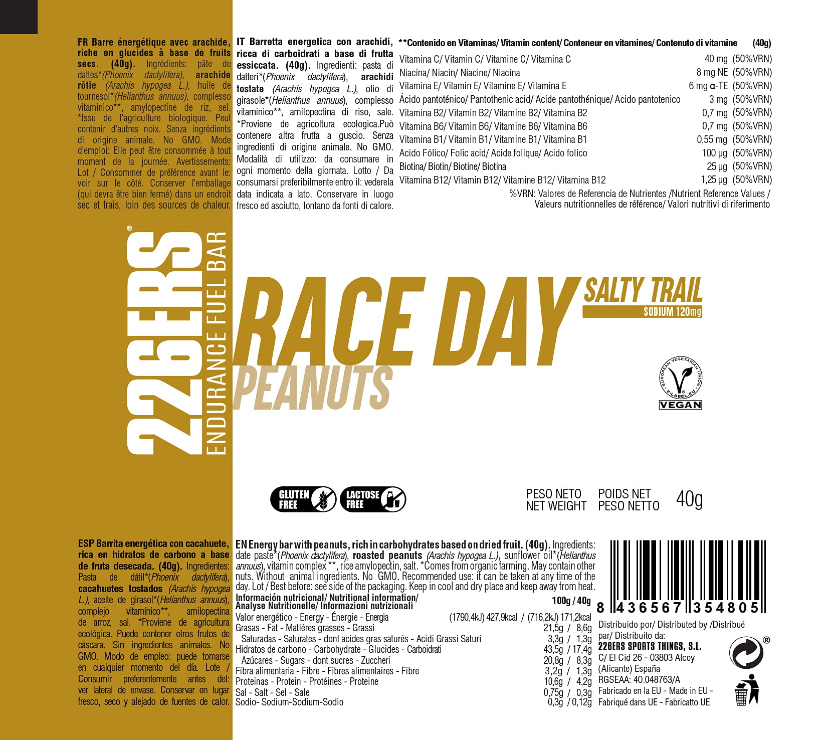 226ERS Race Day Bars, Barres Energétiques Végane pour une Meilleure Endurance, Energy Bars, Cacahuète - 30 barres x 40gr