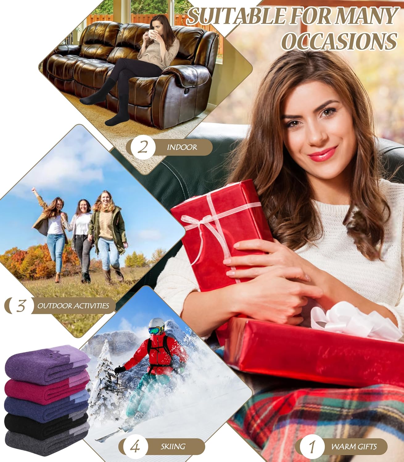 FNOVCO Wool Socks for Women Winter Warm Hiking Boot Thick Thermal Cozy Crew Socks 5 Pairs - Image 6