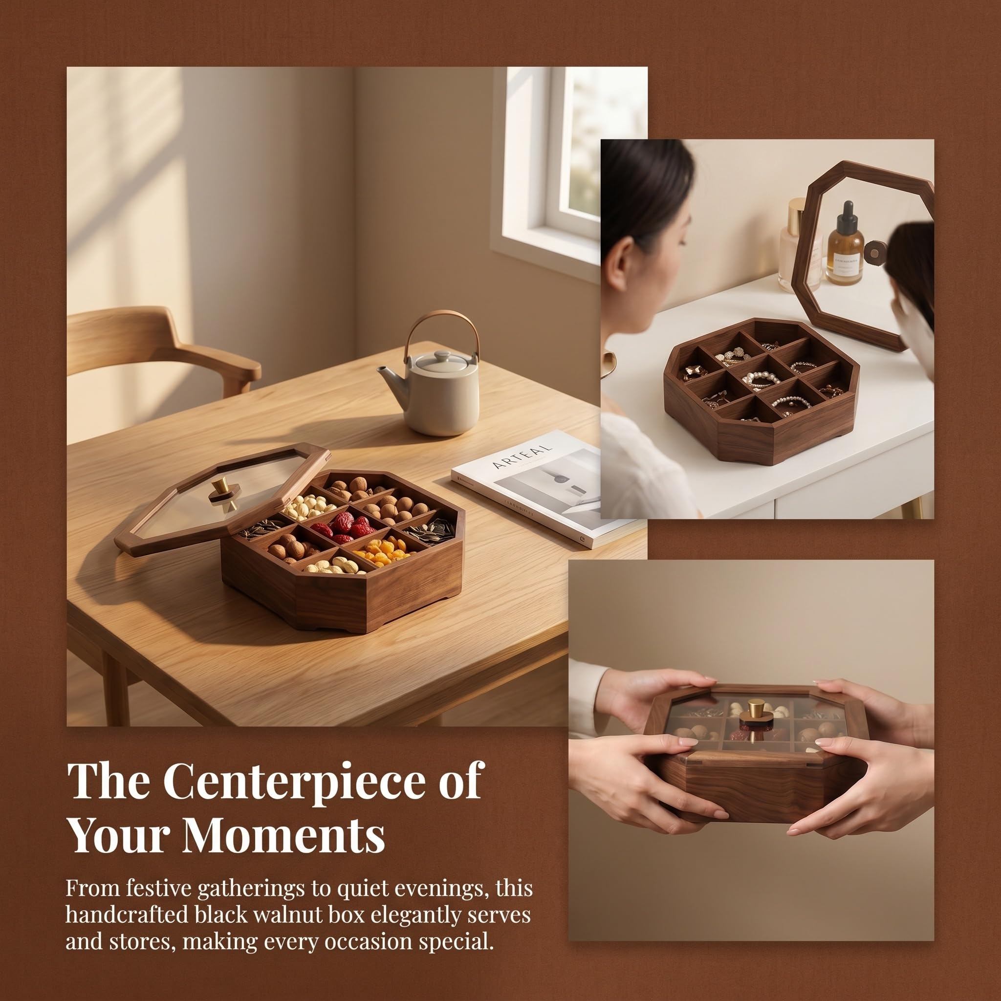 Elegante Caja De Almacenamiento De Nogal Negro con Tapa De Cristal: 9 Compartimentos para Dulces, Frutos Secos Y Golosinas. Un Estuche De Colección con Estilo para La Organización del Hogar Y La