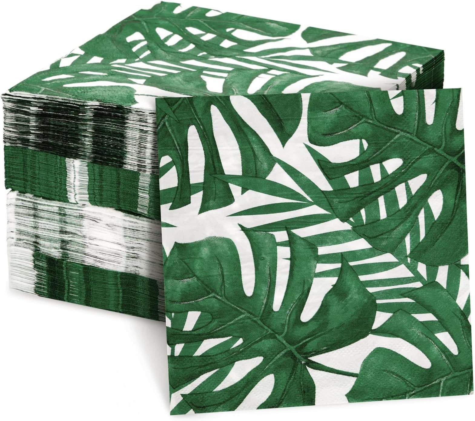 BLUE PANDA Tropical Napkins Palm Leaf Design - 6.5 x 6.5 in Folded, 150 Count, 2-Ply, Green & White - Tropical Leaf Cocktail & Tiki Napkins for Luau & Jungle Themed Parties