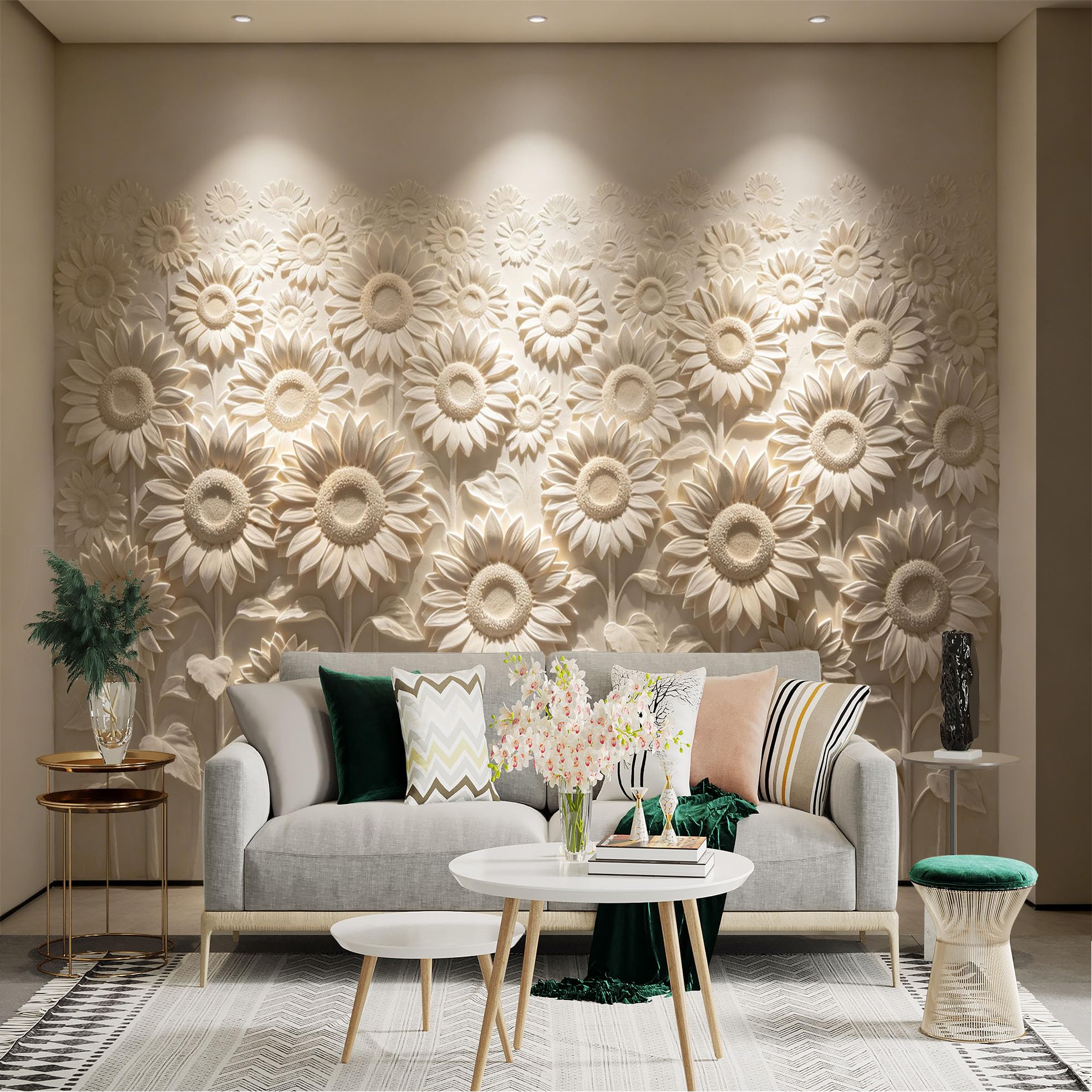 Lnzczhyre Dbh260521848 Custom Size Wall Sticker Mural， Elegant 3D White Sunflowers， Modern Relief Flower Sculpture， Minimalist Botanical Art， For Wall Decoration， Peelandstick Wall Decals.