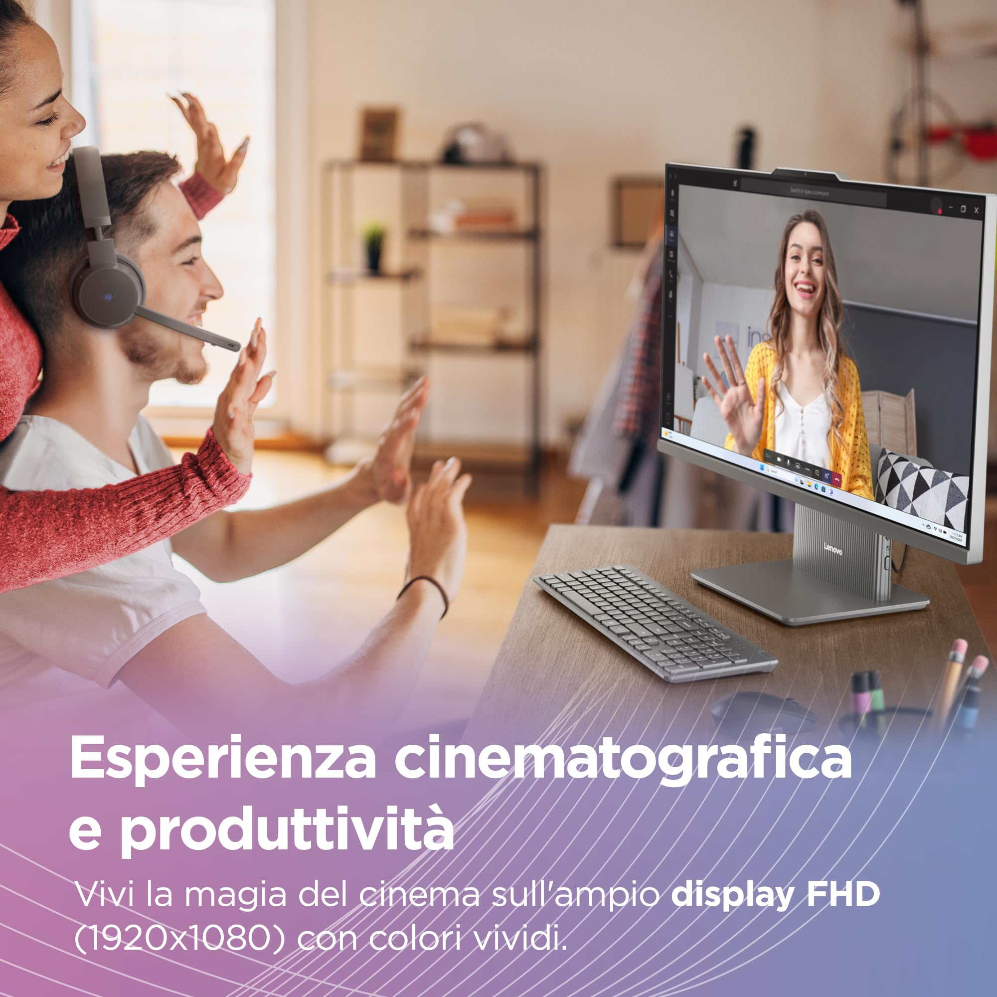 Lenovo IdeaCentre Computer desktop All-In-One, Display 24" FHD, Intel Core i5-13420H, 512GB SSD, RAM 16GB, Base ricarica smartphone wireless, Speakers, WiFi 6, Windows 11 H, Tastiera + Mouse Wireless
