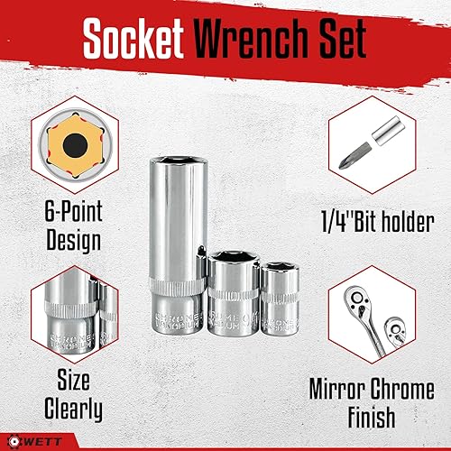 Miniatura 3 de WETT Juego de llaves de vaso de 14" y 38", juego de 86 llaves de vaso con trinquete de liberación rápida, barra de extensión, adaptador, puntas de