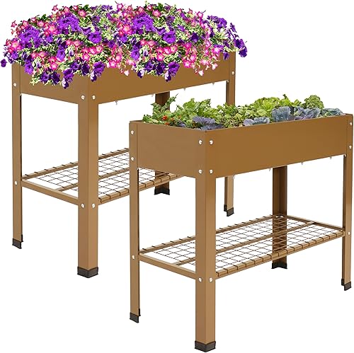 Sunnydaze Cama de jardín elevada de acero galvanizado, juego de 2 jardineras elevadas, uso individual o conectado, cuenta con estante de Marrón