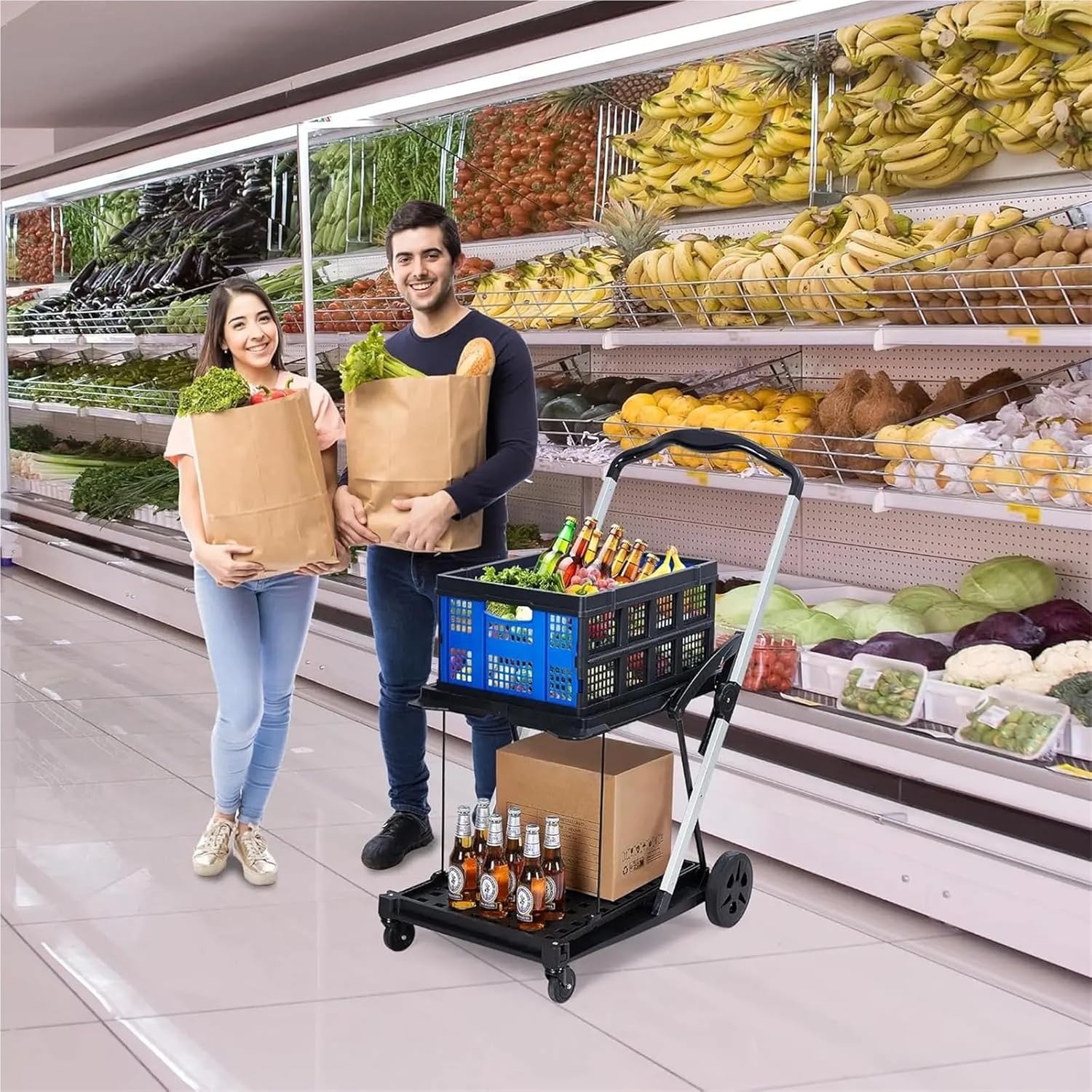 Aluminum & PP Double-Layer Shopping Cart, Single Basket, 996 * 613 * 1084mm Portable Utility Cart