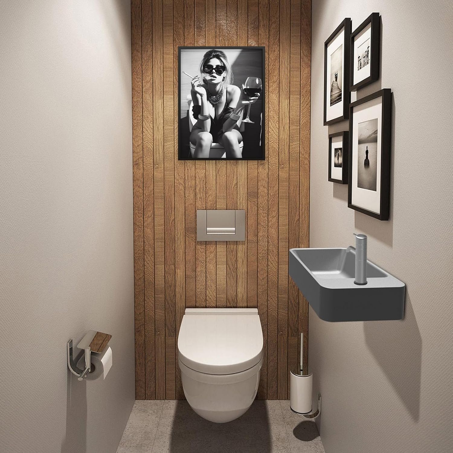 Modern Sexy Women Poster Black and White Photography Canvas Wall Art Woman On Toilet Smoking and Drinking Wine Bathroom Wall Prints for Bar Bathroom Toilet Decor 16x24inch Black Framed