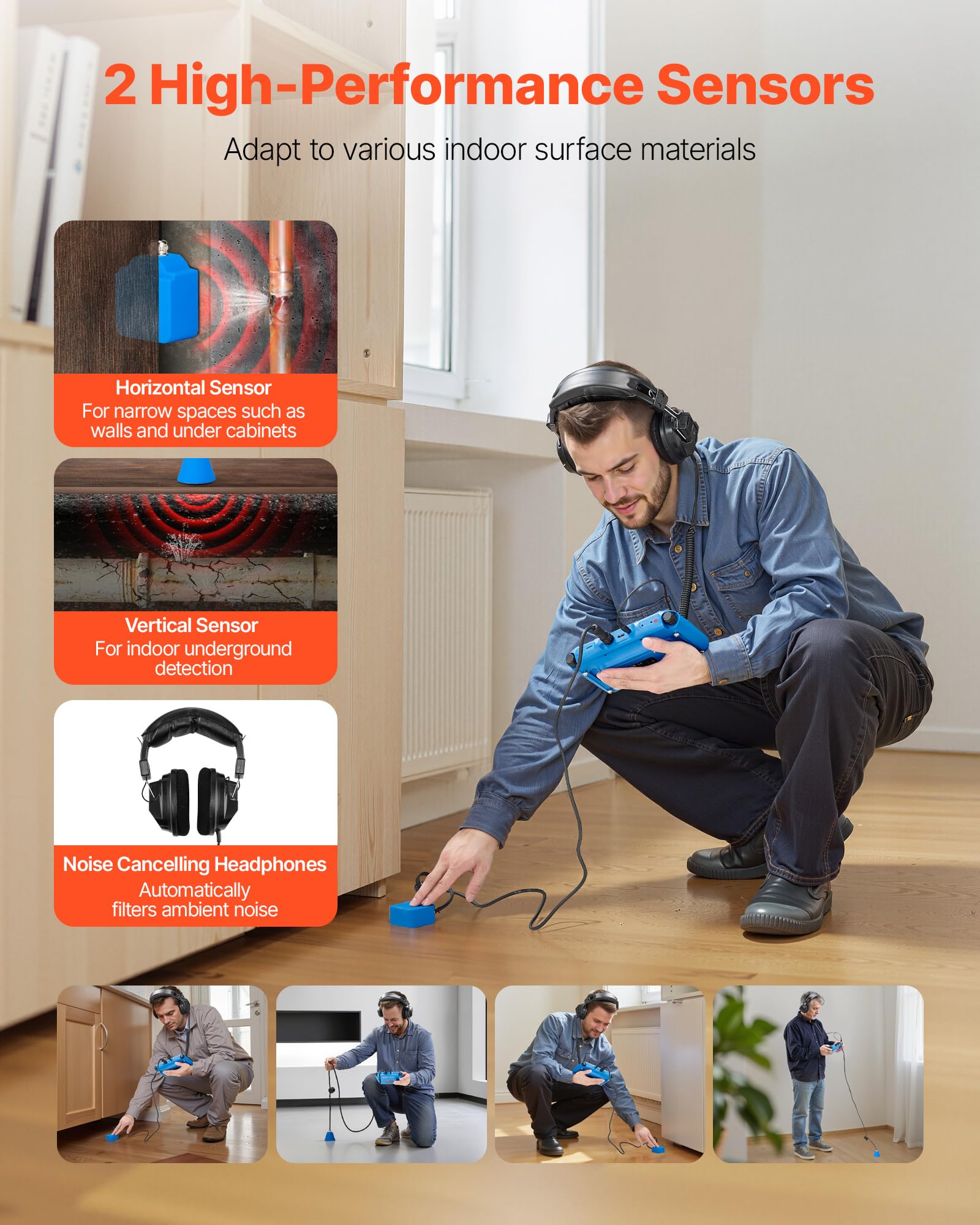 VEVOR Rohr-Wasserleckdetektor, 1 Hz–10000 Hz, 7-Zoll-Touchscreen, Ortungsgerät für Wasserlecks in Rohrleitungen mit horizontalen & vertikalen Sensoren, Kopfhörer, 8 GB SD-Karte & Tragetasche