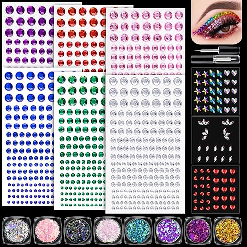 Juego de 4 calcomanías de diamantes de imitación y purpurina corporal, 9 hojas de gemas adhesivas coloridas de 34560.315 in y 8 macetas de purpurina