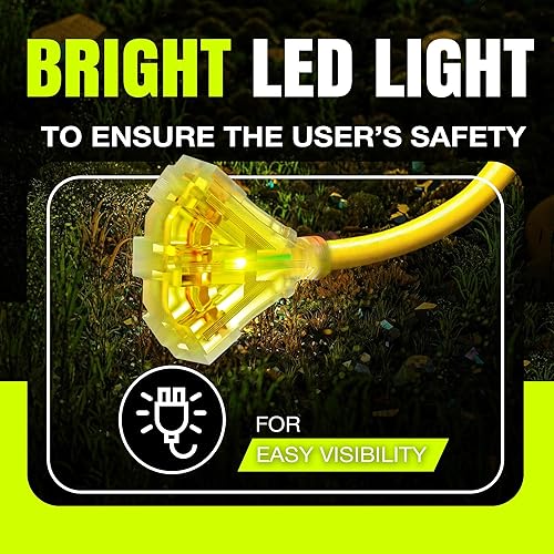 Miniatura 10 de LifeSupplyUSA - Cable de extensión de alimentación de 3 pies para exteriores e interiores, impermeable, 3 salidas, SJTW, calibre 12, 15 amperios,