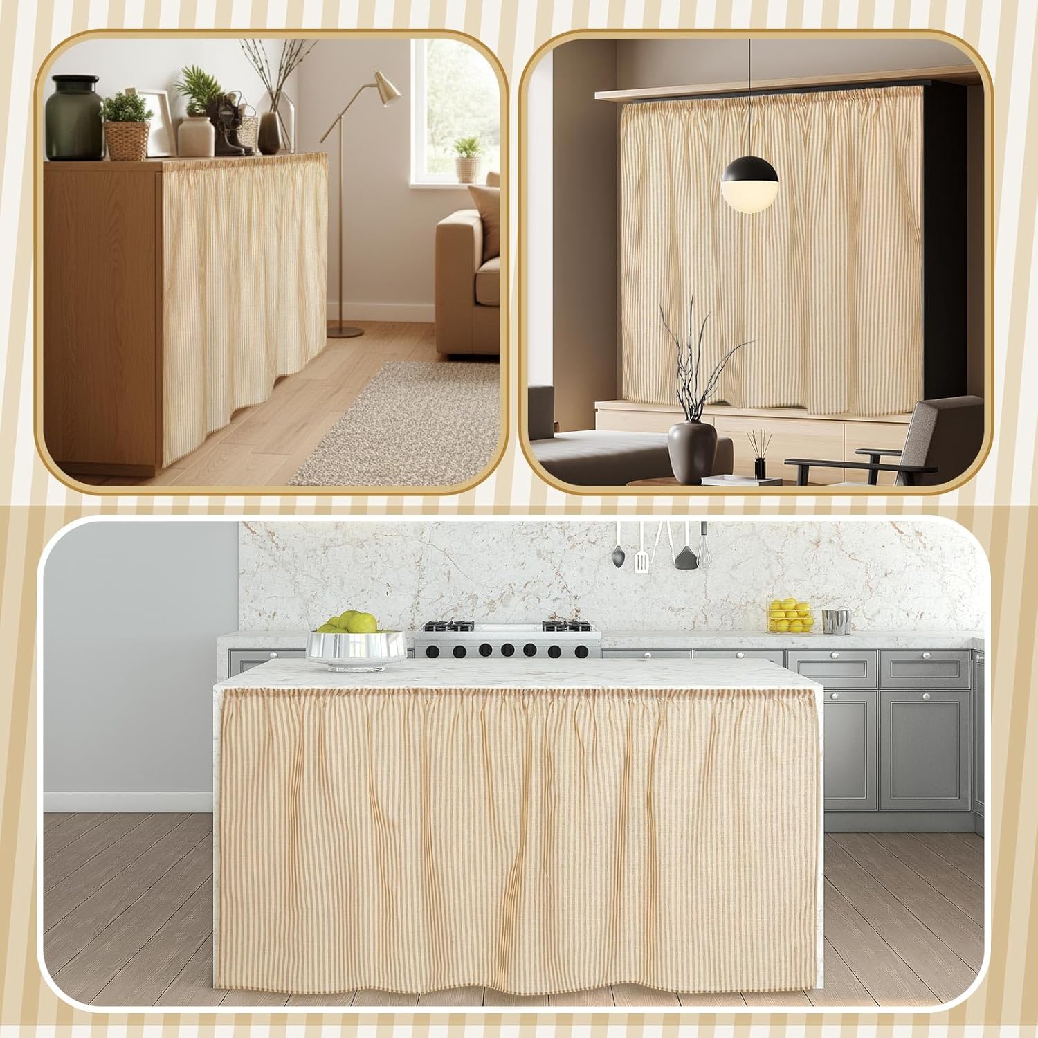 VitalCozy Cabinet Curtains 28" W x 51" L Sink Skirt for Bathroom Kitchen Office Desk Brown Stripes Cabinet Curtains for Classroom Office Home Drape Under Desk Privacy Drape for Laundry Room