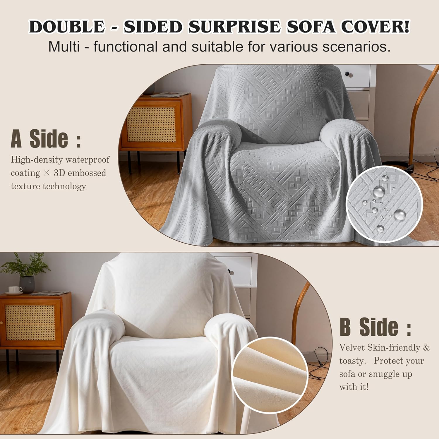 Waterproof Recliner Chair Covers, Anti-Slip Reclining Chair Covers, Pet-Friendly, Washable, Durable and Breathable Couch Covers – Reversible Design for Sofa Protection(71x71in/Light Grey) - Image 2