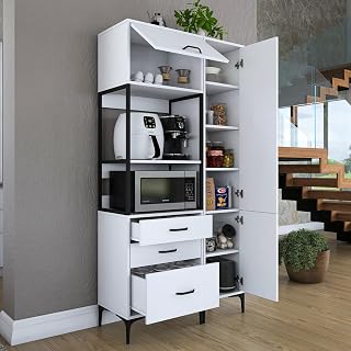Dmora Credenza Astreon 100x40x199h cm Bianco 8 Ripiani 3 Cassetti, Madia 2 Ante