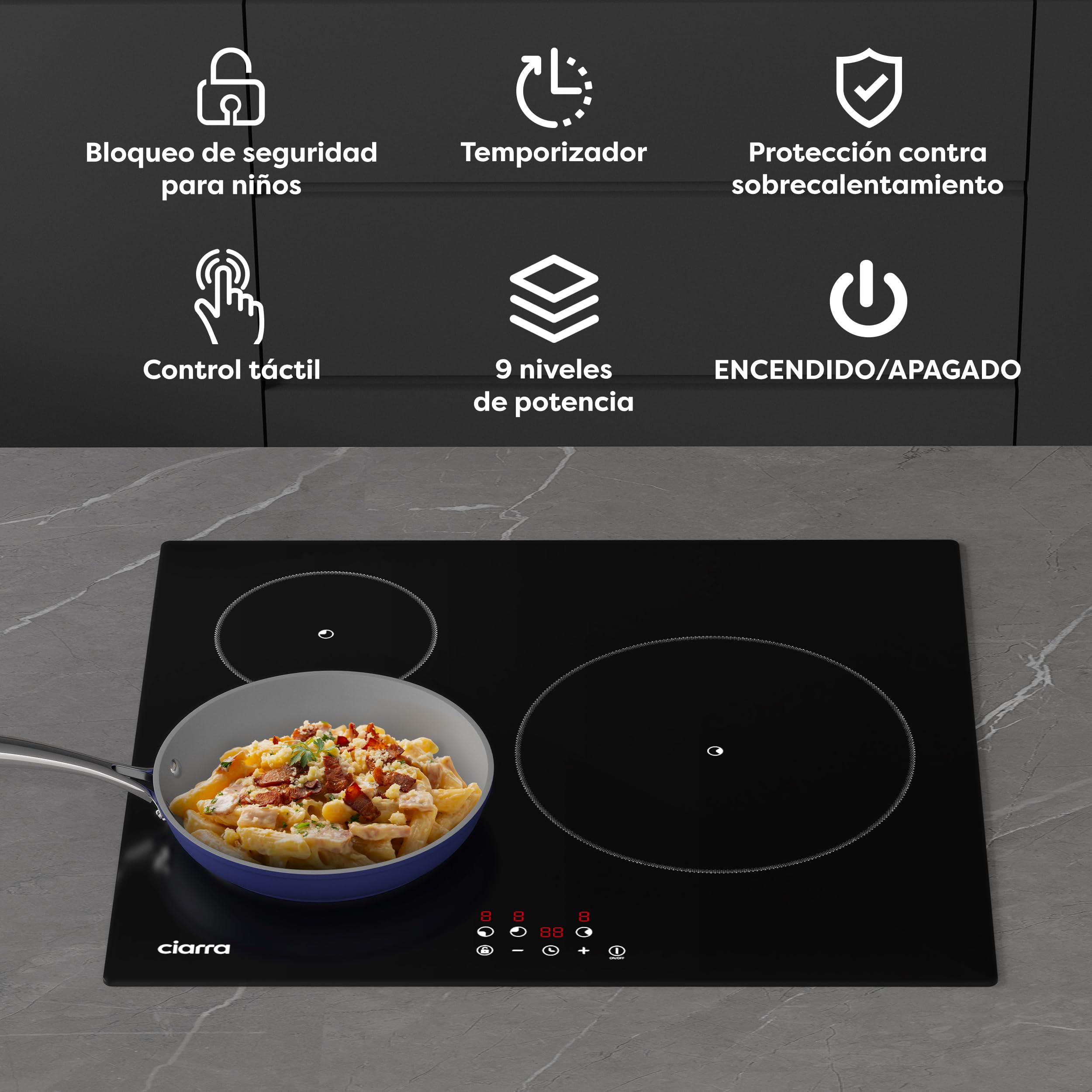 Ciarra CABBIH3-F Placa Induccion, 3 Zonas, Empotrable de 60cm, Temporizador | Bloqueo Infantil, Detector de Recipientes, Limitador de potencia, ideal para hogares con potencia contratada limitada