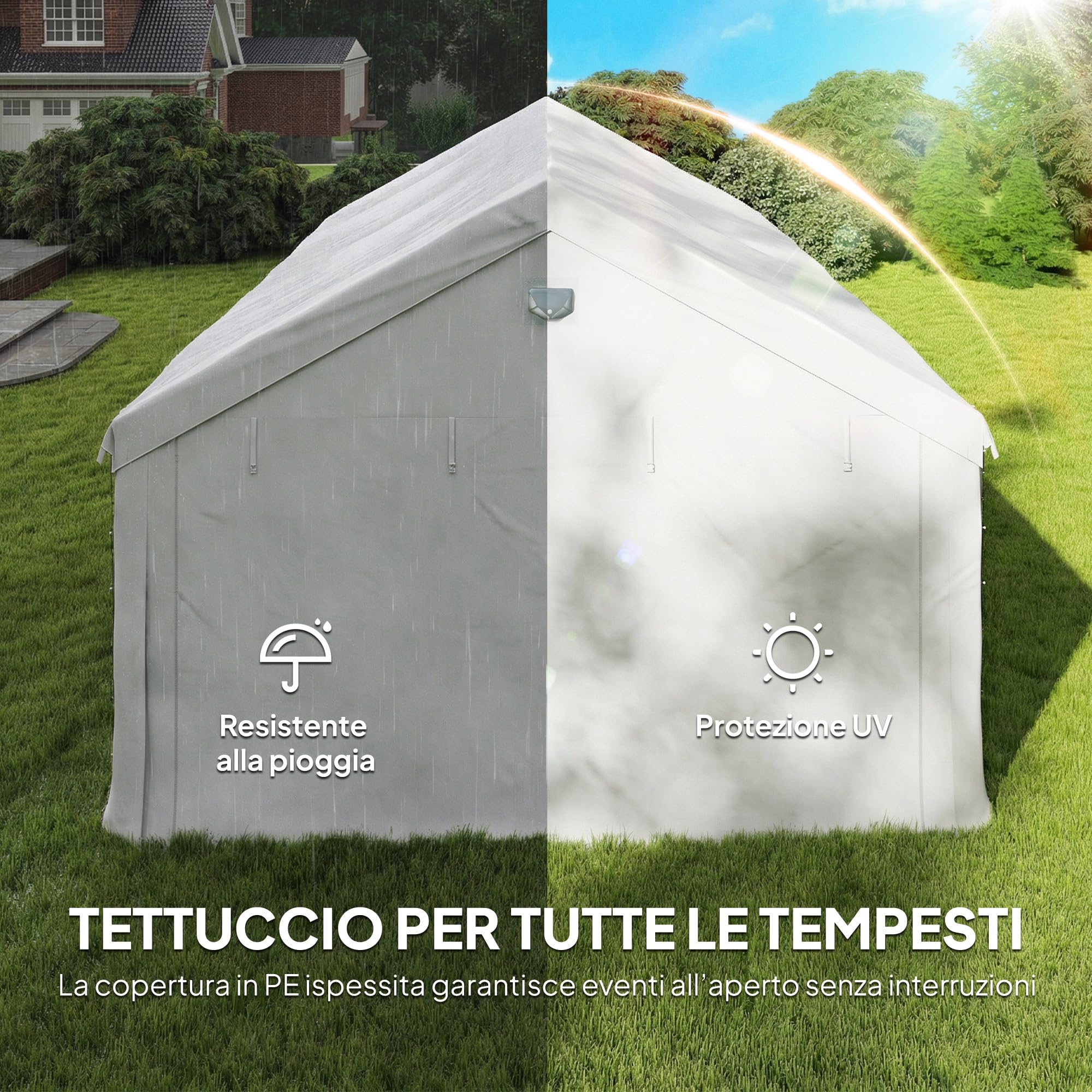 Outsunny Tendone per Feste 4x6 m con Luci LED, Gazebo da Giardino in Acciaio Zincato con Porte a Cerniera, Finestre, Pareti Laterali Rimovibili, Gazebo da Esterno per Matrimoni Eventi Raduni, Bianco