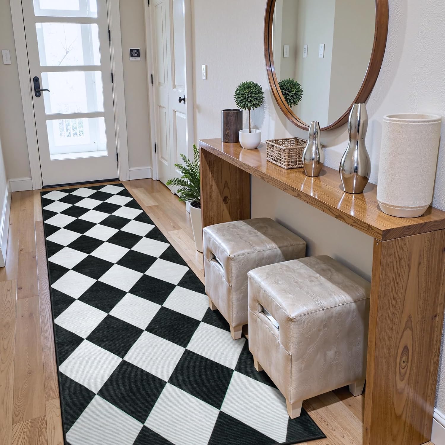 Beeiva Checkered Print Runners for Hallways 2.5x8, Ultra Thin Black Kitchen Runners Non Skid Washable 8 ft, Modern Diamond Stain Resistant Low Pile Carpet for Bathroom Entryway Bedroom Laundry image 4