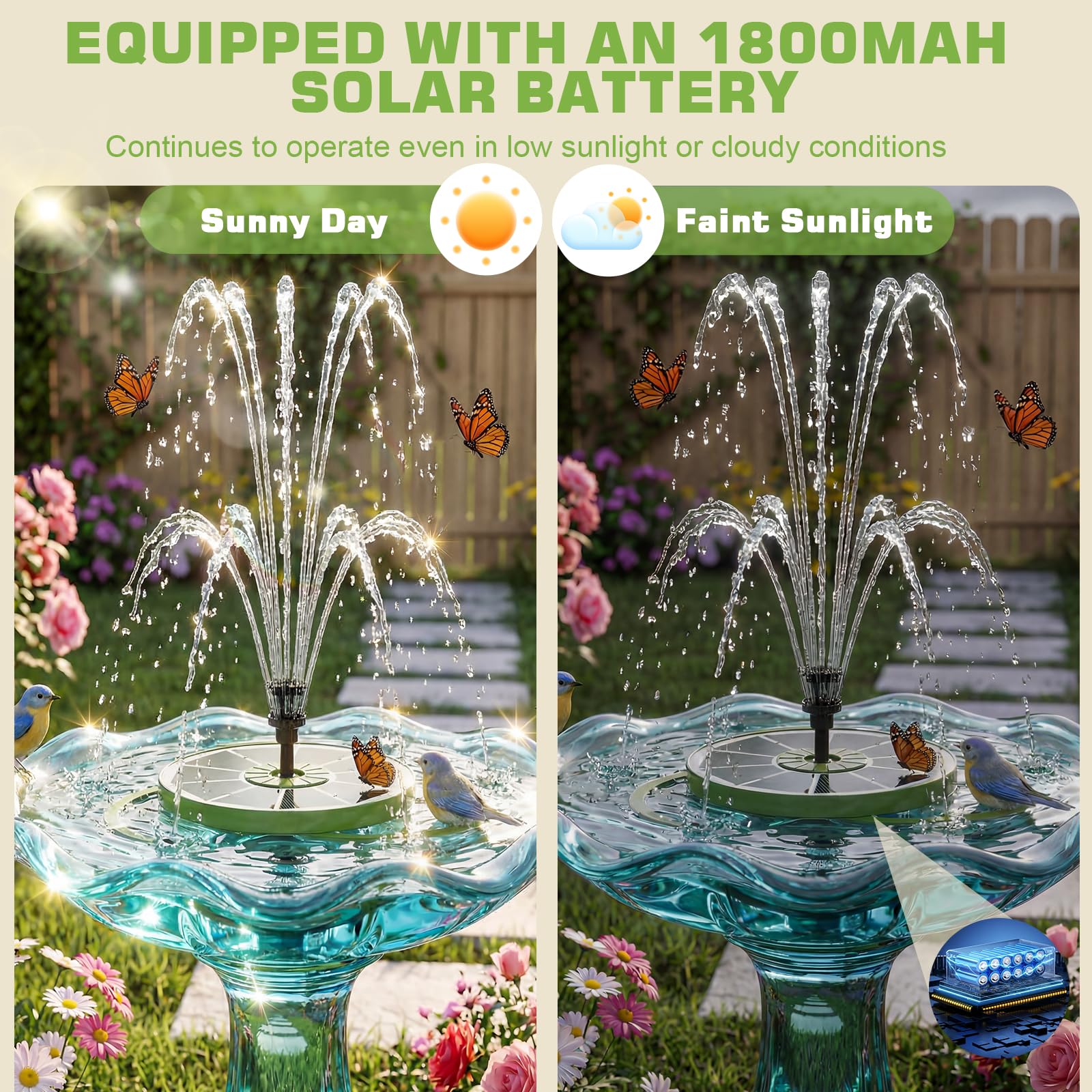 AISITIN Solarbrunnen für Draussen Verbessert mit Batterie, 3,5W Solar Schwimmender Fontäne Pumpe mit Verschiedene Sprüh Effekten, Solar Springbrunnen für Außen mit Grün Glasscheibe für Garten,Vogelbad