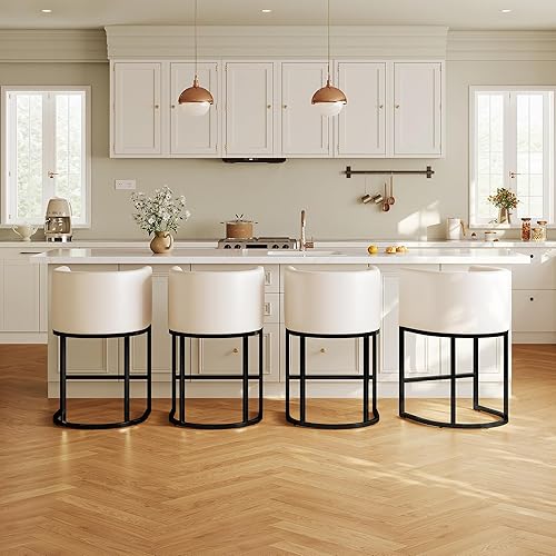 Modern Counter Height Bar Stools,Bar Stools Set of 4,Faux Leather Upholstered Barrel Barstools with Backs,26'' Kitchen Island Chairs,Metal Black Frames,Cream White Leather