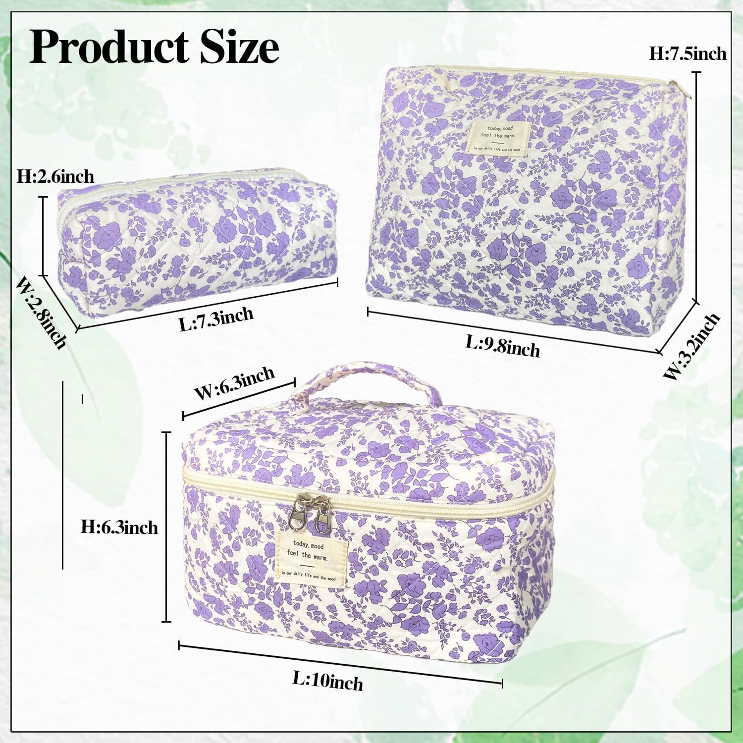 Purple Large Quilted Floral Makeup Bag Set of 3 Cute Coquette Aesthetic Cosmetic Bag Set Travel Toiletry Bag for Women image 3