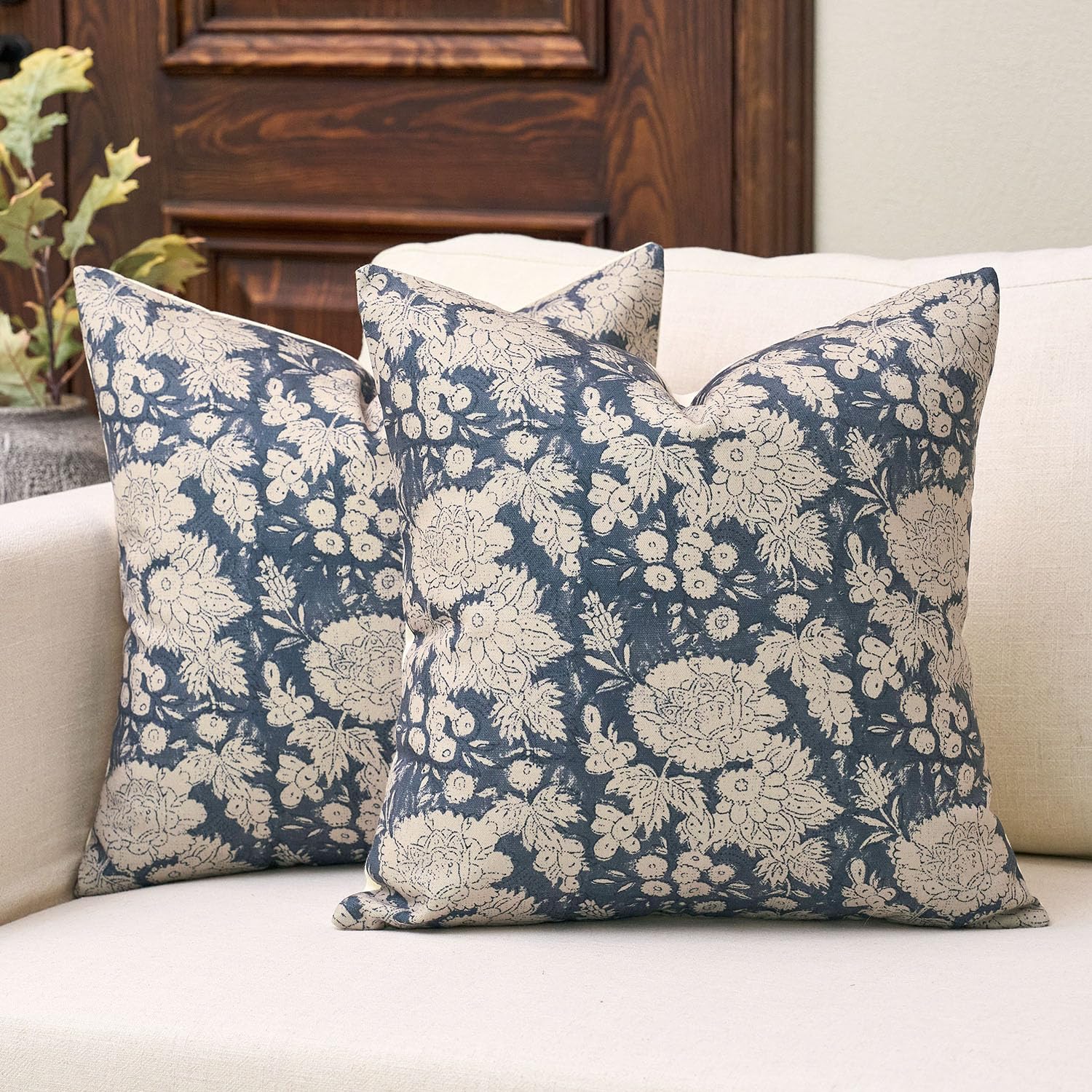 DOMVITUS Floral Pillow Covers 18x18 Set of 2, Vintage Block Print Pillow Covers Neutral Decorative Farmhouse Throw Pillow Covers for Bed Couch Living
