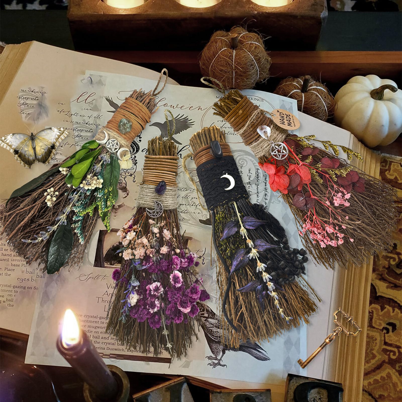 Miotła cynamonowa 19 cm, mini miotła czarownicy Boże Narodzenie, do majsterkowania, dekoracyjna miotła z suszonymi kwiatami, wicca, miotła, czarownica, akcesoria na magiczne ceremonie, Halloween