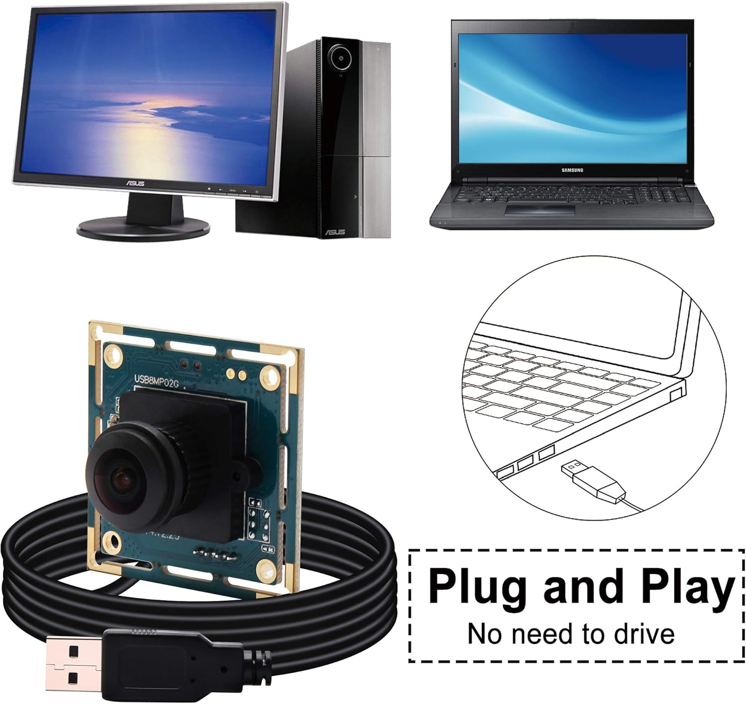 8MP USB Camera Module - Wide Angle 180-Degree Fisheye Lens Webcam Board for Computer, IMX179 4K Security CCTV Camera for Raspberry Pi Mac