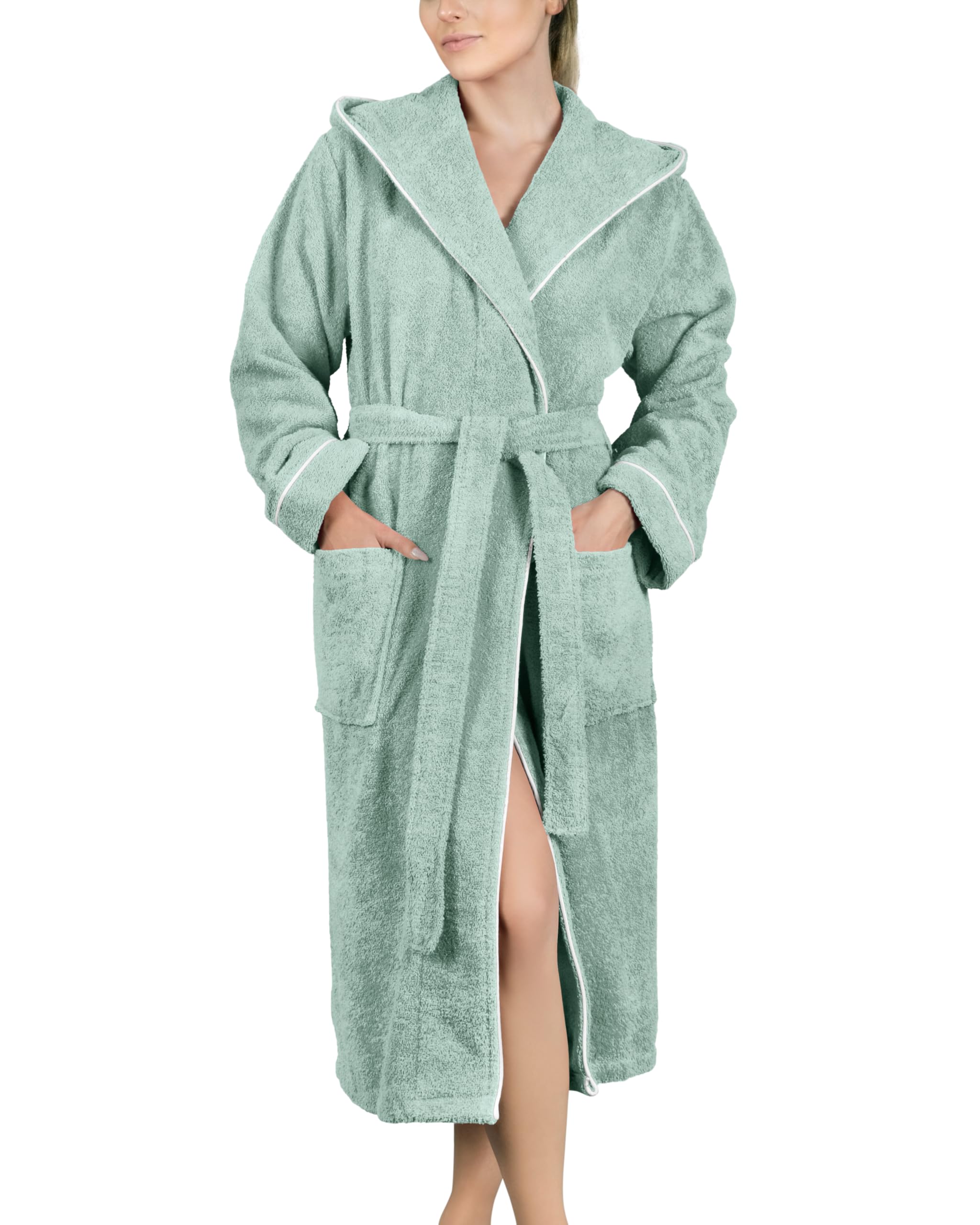 LAYNENBURG Bademantel Damen Frottee - Kapuze - Lang - 100% Baumwolle (360g/m2) - OEKO TEX Standard 100 - Größe S, M, L, XL, XXL, 3XL