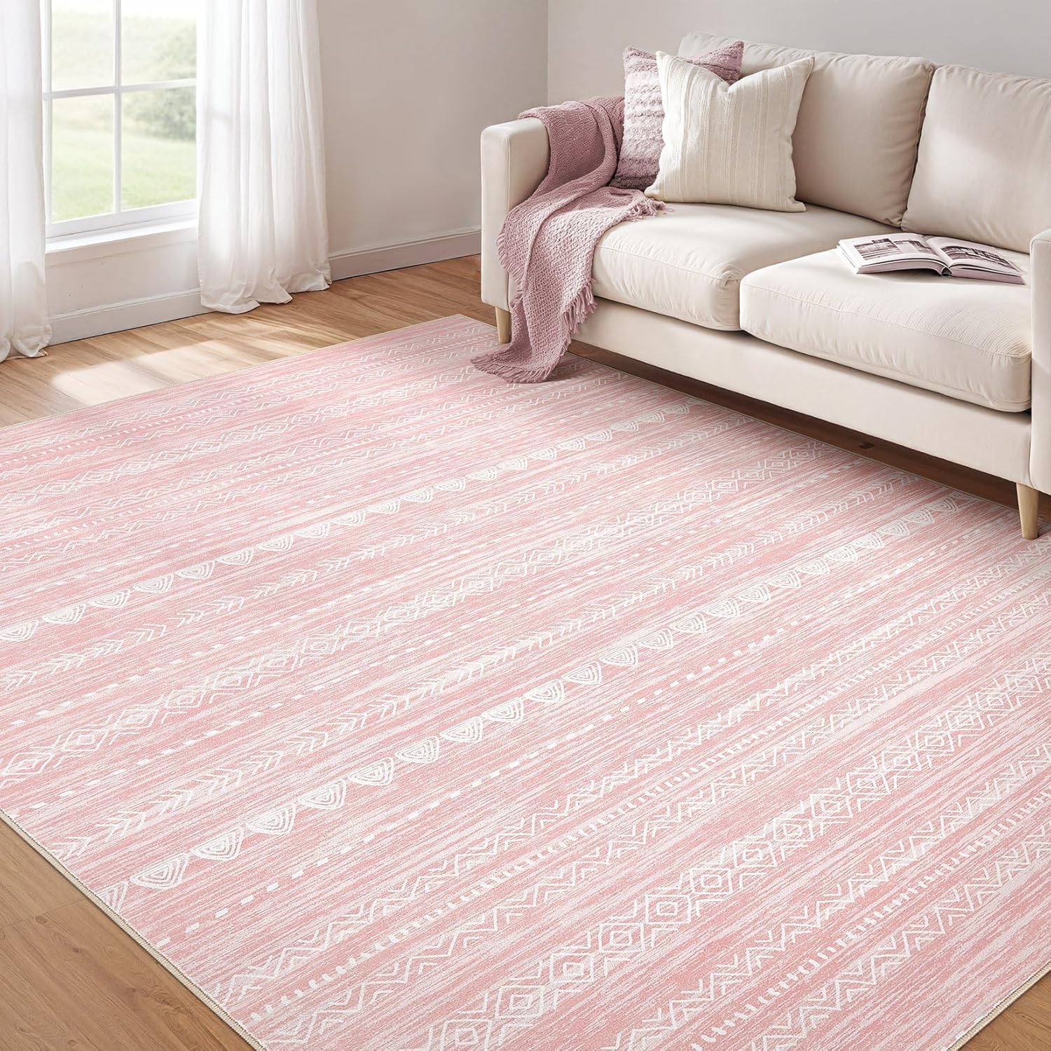 Tapis salon poils ras géométrique moderne rose blanc antidérapant 100x160