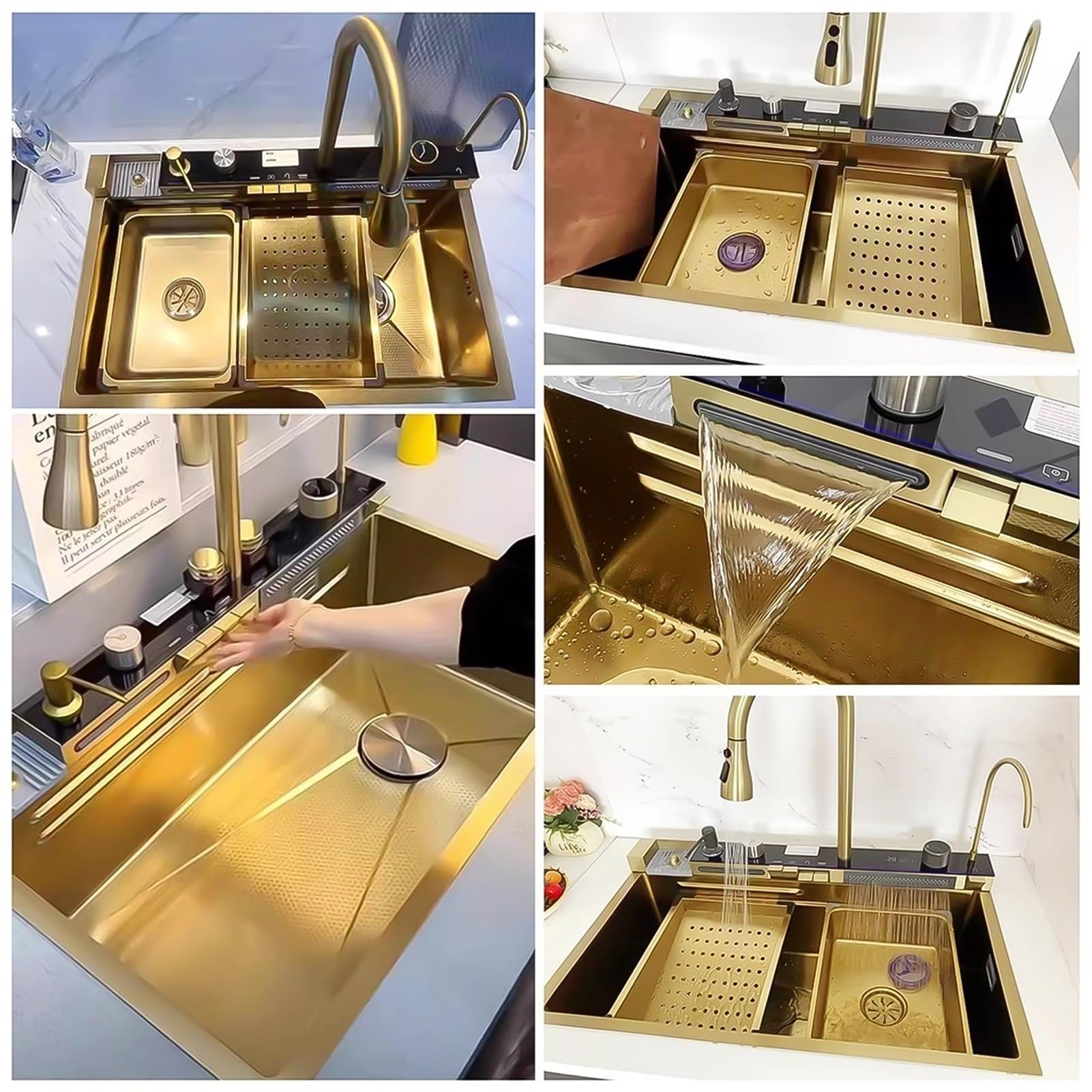 Fregadero de cocina grande con estación de trabajo, fregadero de bar inteligente Nano de acero inoxidable con cascada, grifo extraíble, lavavasos, kit de desagüe, fregadero de granja de un solo seno