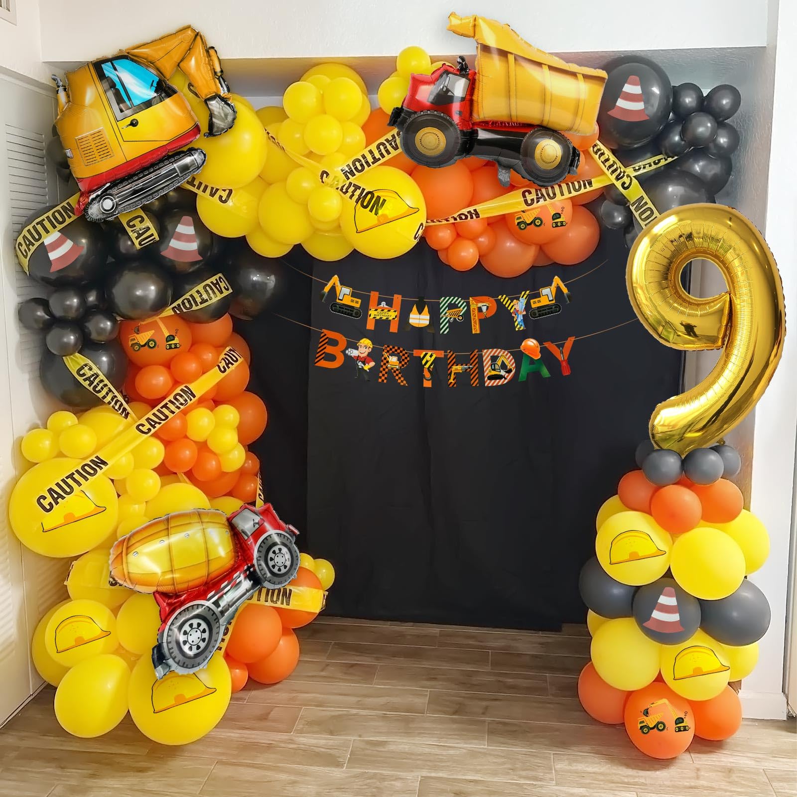 Decorazione Compleanno Escavatore 9 Anno, Ragazzo Bambini Palloncino Veicolo Cemento Camion Palloncini Oro Numero 9 Nero Giallo Arancione Palloncino Foil Buon Compleanno Banner Accessori Feste