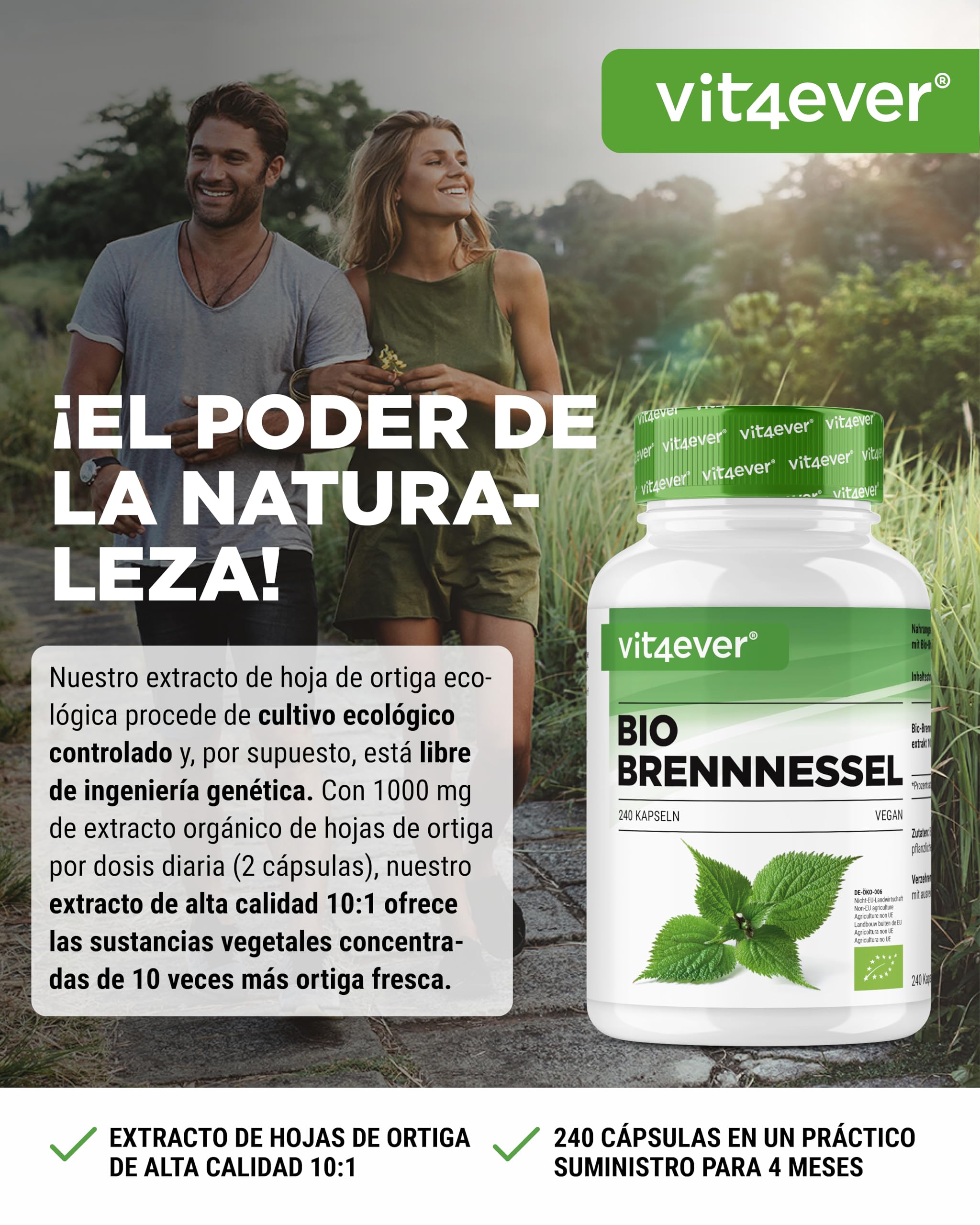 Ortiga orgánica - 240 cápsulas - Altamente dosificado con 1000mg por porción diaria - Extracto de ortiga 10:1 en calidad orgánica certificada - Vegano