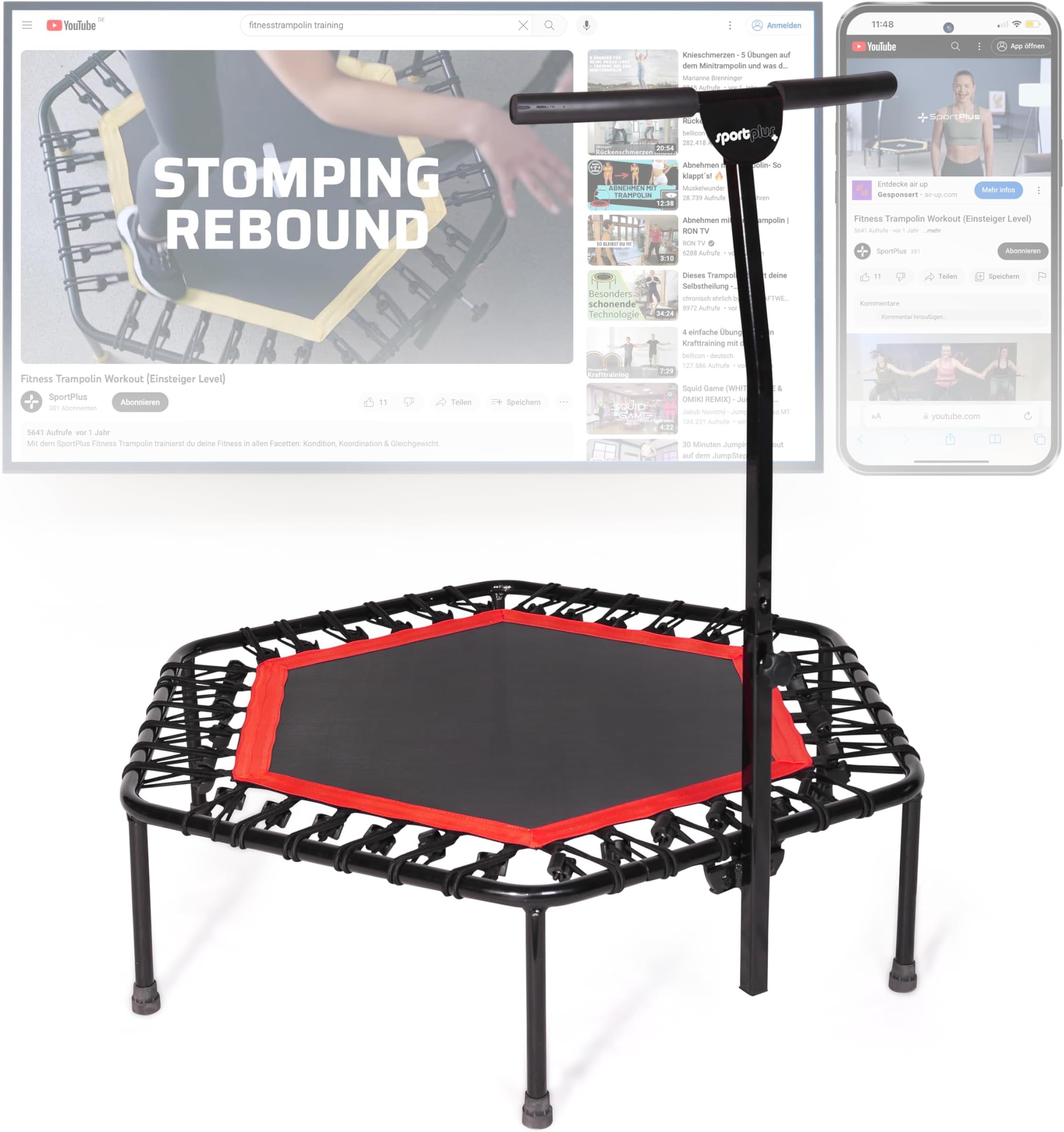 SportPlusFitness Trampoline with Bar – Ideal for Home Cardio Workout – Training – Silent Bounce - Ø 110 cm – Max Load 130 Kg (User Weight)