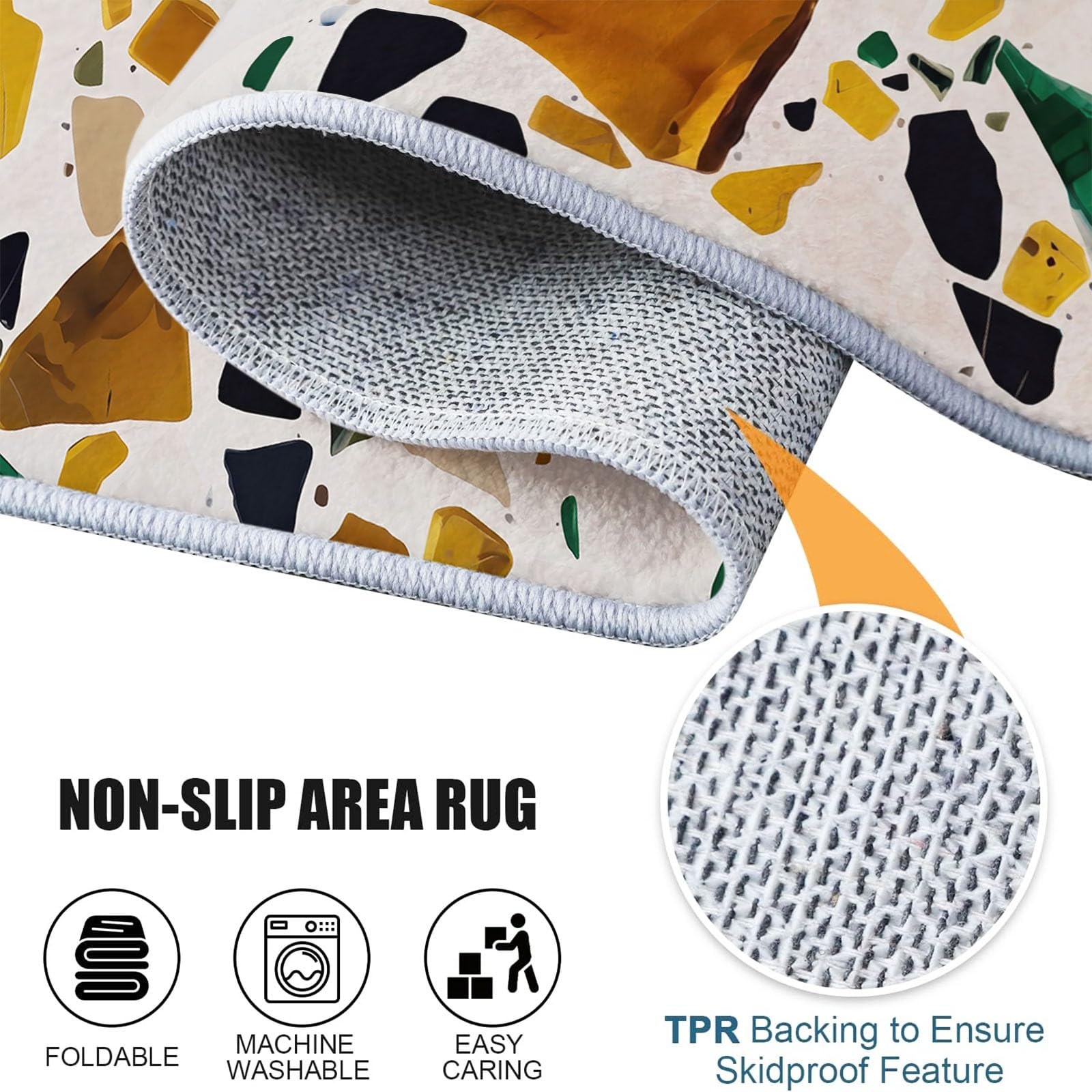 Générique Tappeto rotondo in marmo astratto 160 cm, tappeto lavabile in lavatrice per soggiorno, antiscivolo, stampa frammenti di terrazzo minimalisti moderni per cucina, bianco dorato
