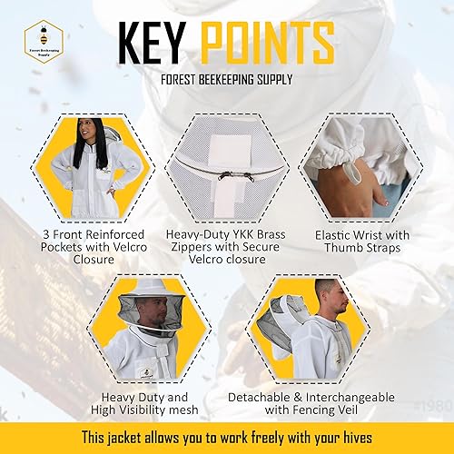 Miniatura 3 de FOREST BEEKEEPING SUPPLY Chaqueta de abeja ultraligera ventilada, velo redondo ventilado con cremalleras de latón YKK y gruesa para una máxima