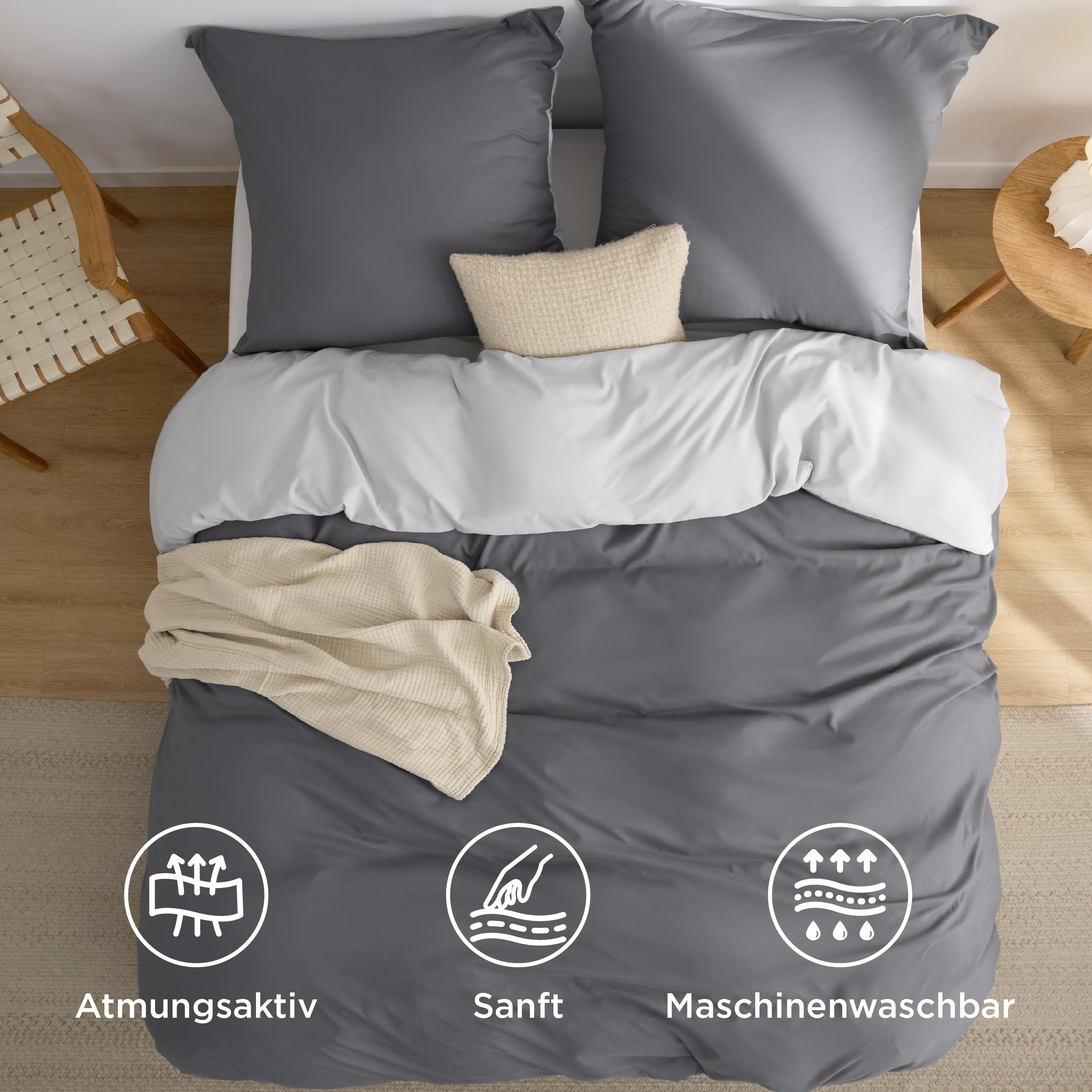 BEDSURE Beddengoedset 200 x 200 cm, 3-delig dekbedovertrek, met 2 kussenslopen 80 x 80 cm, Öko-Tex,geometrisch patroon, voor tweepersoonsbed, met ritssluiting, zacht en strijkvrij, grijs
