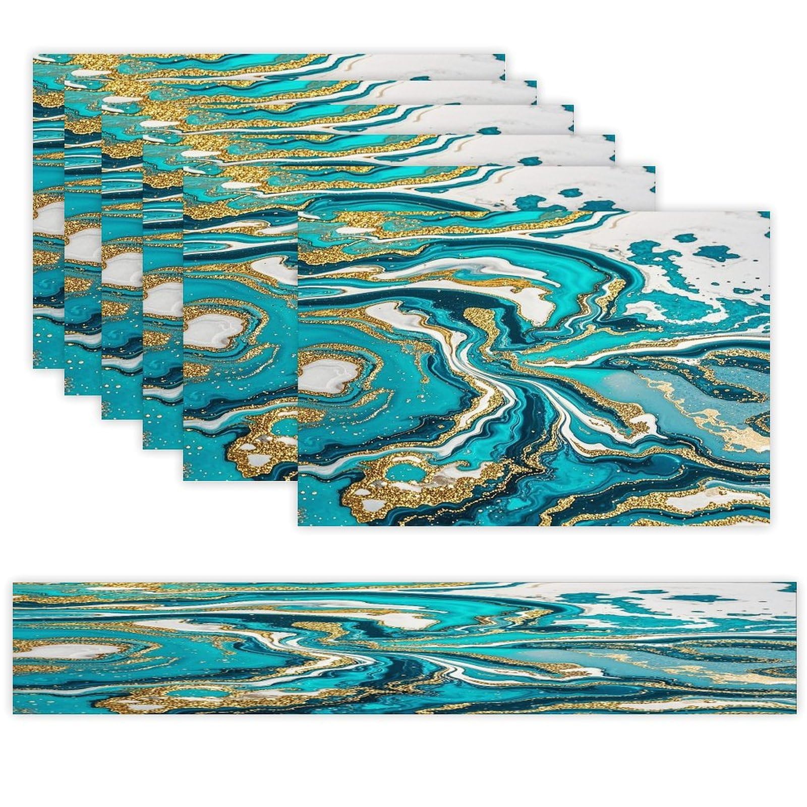 Turquoise Blue Gold Marble Table Runner and Placemats Set of 6 Heat Resistant Washable Table Runners Dining Mat Sets Modern Cloth Place Mats Linen Table Decor for Kitchen Dining Room