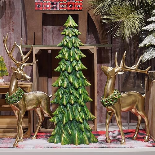 Miniatura 7 de Newman House Studio Figura de árbol de reno de pie, decoración de Navidad, 3 piezas, decoración grande de reno de Navidad, ciervos de resina dorada