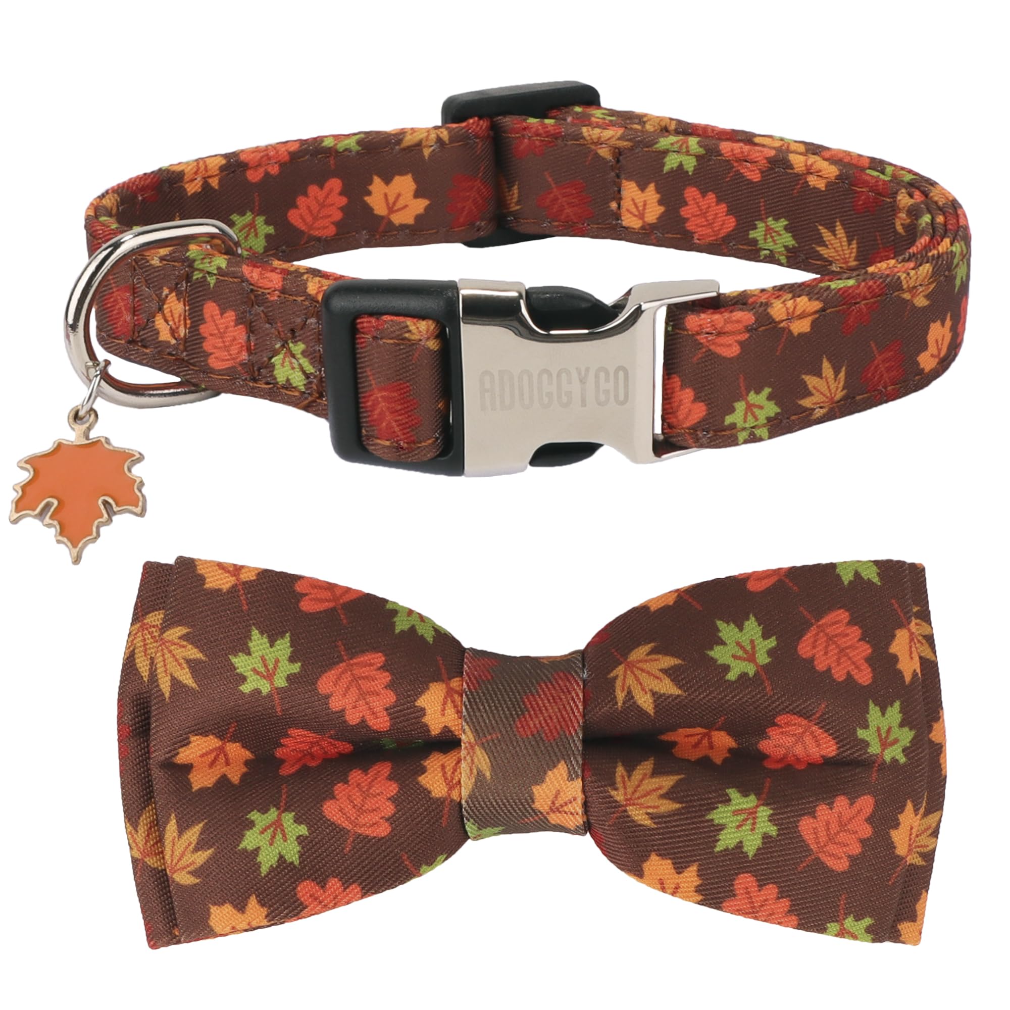 ADOGGYGO Fall Dog Collar with Bowtie, Adjustable, Brown, Maple Leaves Pattern, Halloween Thanksgiving Fall Bow Collars for Small Medium Large Dogs (