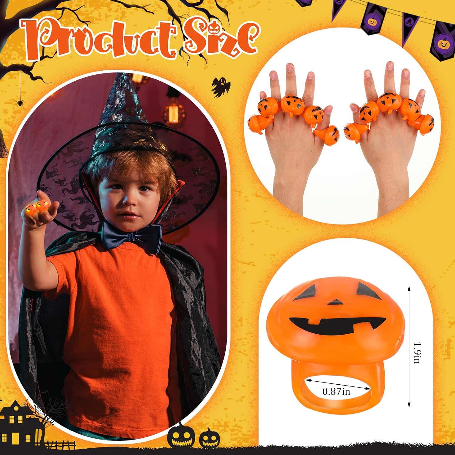 Libima 100 Pcs Halloween LED Light up Pumpkin Rings Decoration and Party Favors