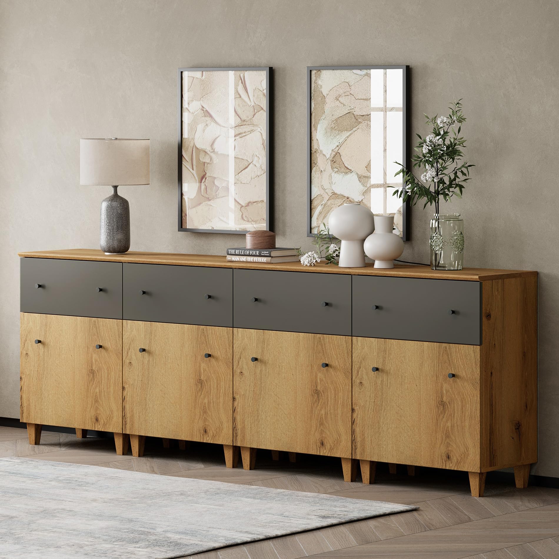 WAMPAT Set of 4 Storage Cabinets for Living Room, Modern Wood Accent Cabinets Sideboard with Drawers, Doors, and Adjustable Shelves for Dining Room,
