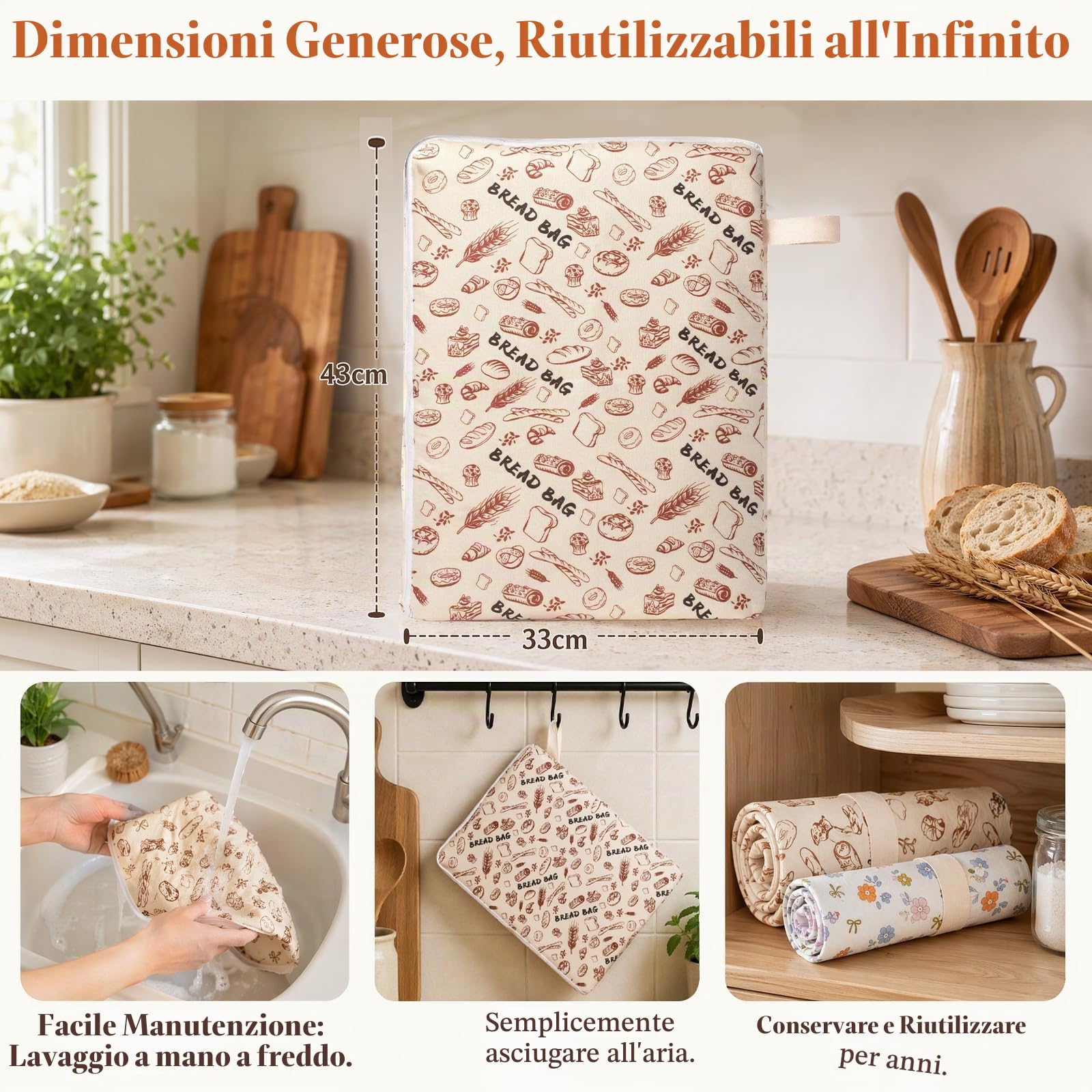 Set da 2 Sacchetti per Pane in Cera d'Api Riutilizzabili 43.2x33cm,Buste in Cotone Rivestito Naturale con Cerniera,Per Pane Fatto in Casa,Prodotti da Forno,Frutta e Verdura,Conservazione Alimenti
