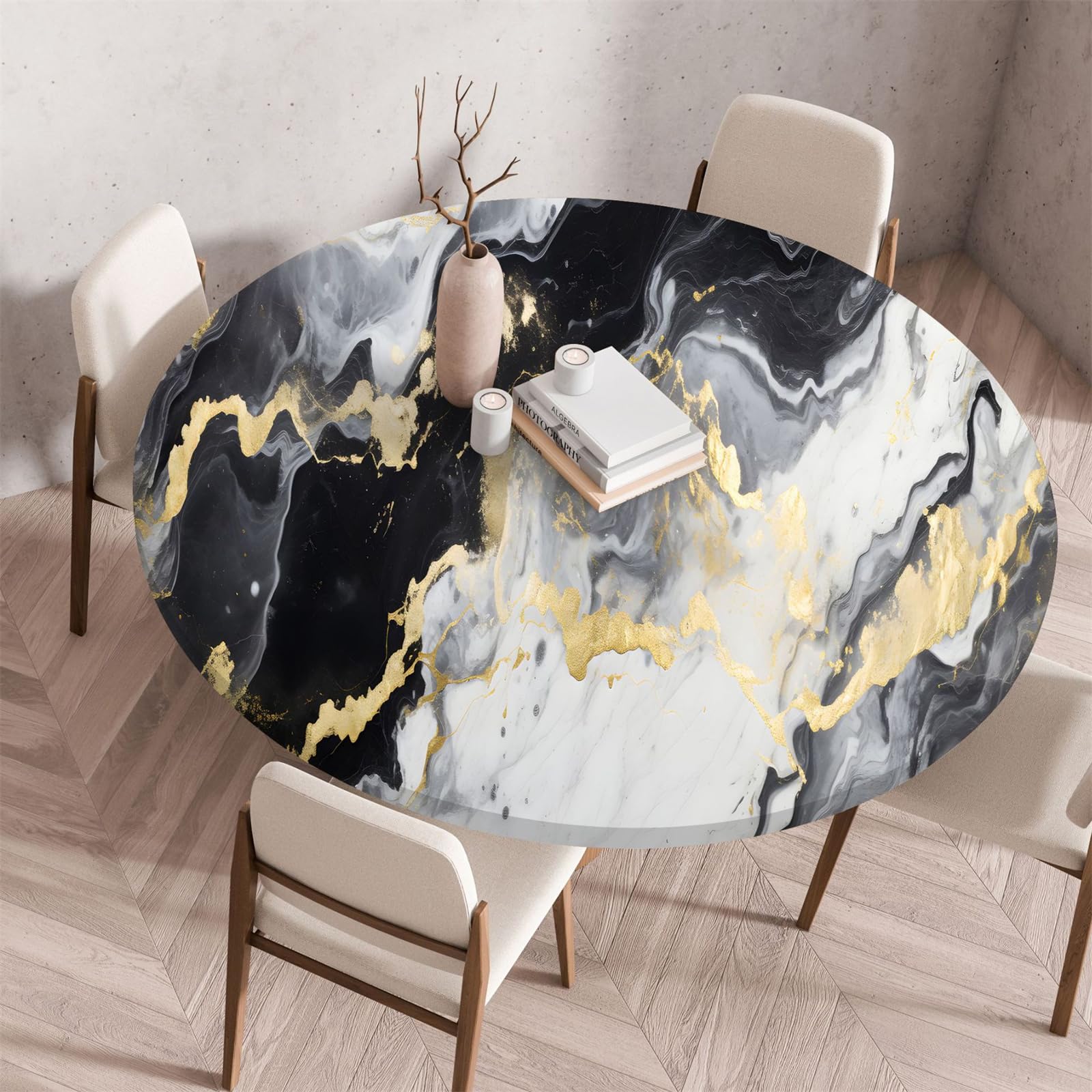 Muiuou Waterproof Elastic Fitted Round Tablecloth, Marble Printing Reusable Waterproof Oil-Proof Round Table Cover Cloth, Fitted Home Decoration Restaurant Picnic (Diameter 140cm,Marble 5)