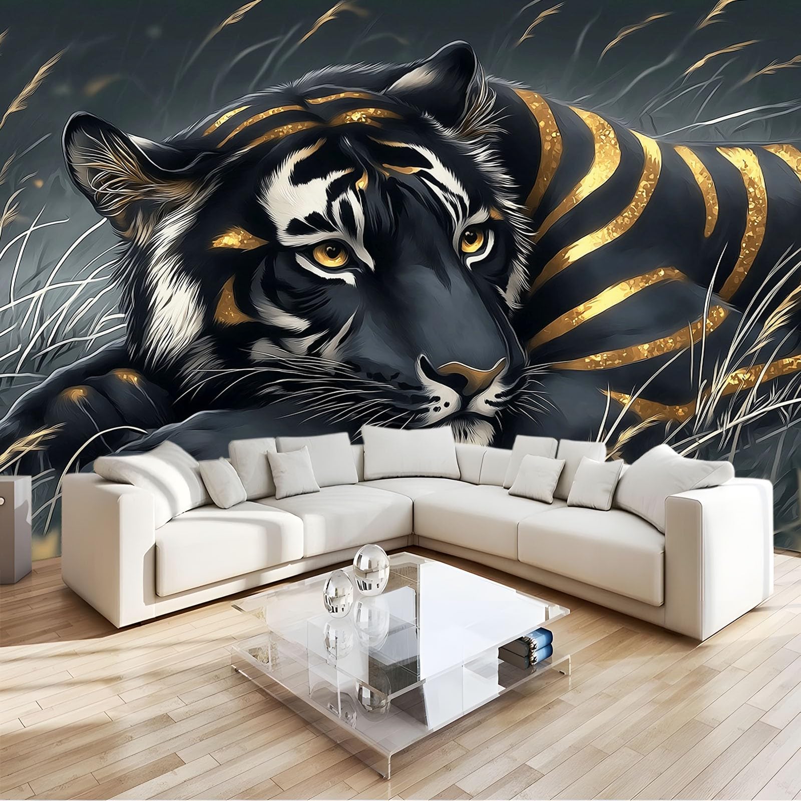 Tapeta fantazyjne zwierzę czarny tygrys złote paski 300 x 210 cm zdjęcie plakat mural tapeta, zrób to sam sztuka ścienna mural tapety, do salonu sypialni przedszkola tło telewizora wystrój domu
