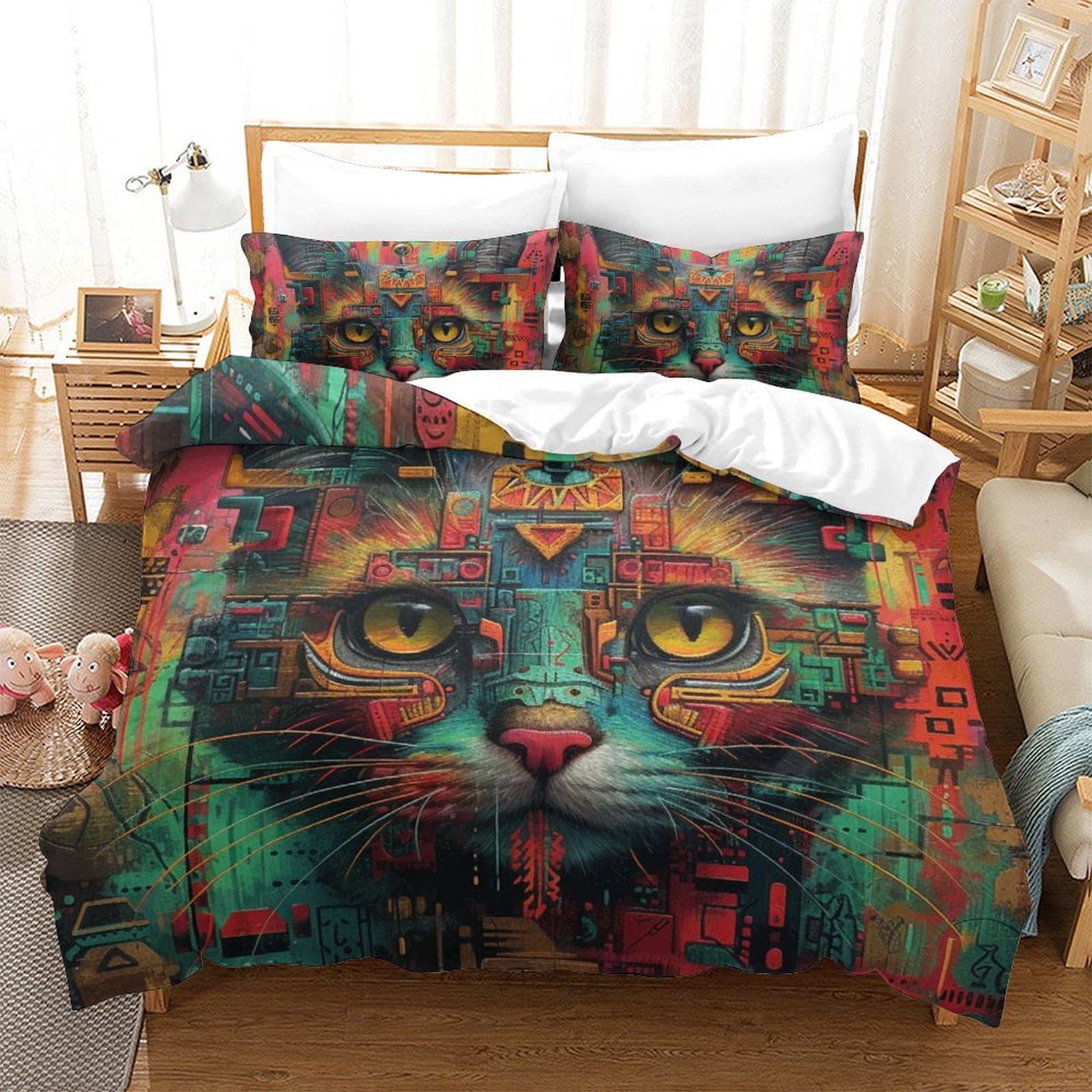 Parure de lit motif chat 3D drap microfibre douce housse de couette 220x240 enfant garçon