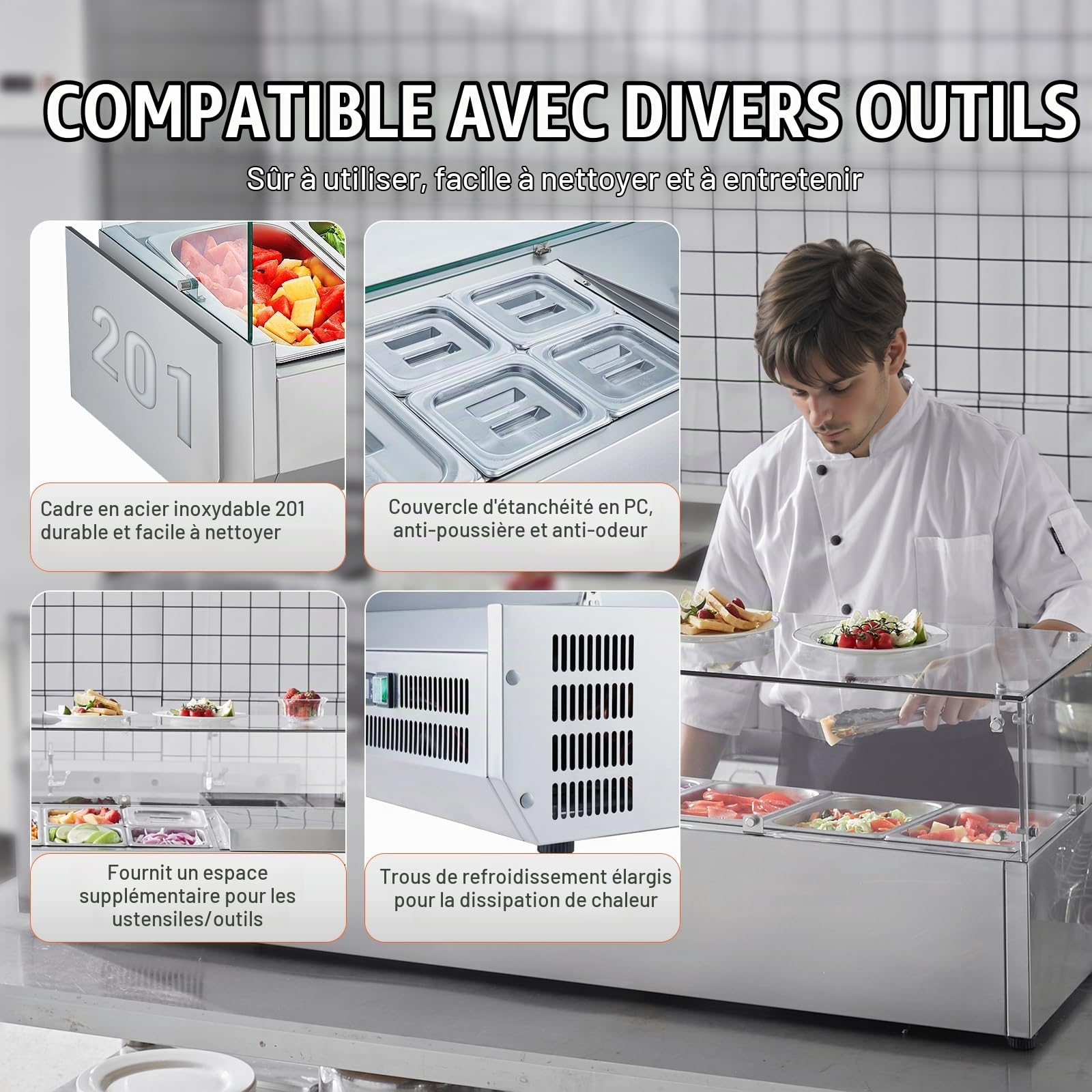 VEVOR Saladette Réfrigérée à Poser 155 W, Vitrine Réfrigérée pour Pizzeria, avec 4 1/3 Casseroles et 4 1/6 Casseroles, Corps en Inox 304 et Couvercle en PC, pour Préparation de Sandwich Ingrédients