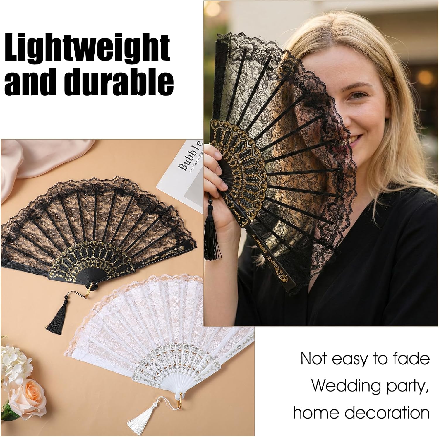2Pcs Vintage Lace Hand Fan, 1920s Art Deco Wedding Folding Fan | Elegant lace fan with gold glitter accents & tassel. Perfect for bridal shower, tea party, 1920s costume, wedding favor