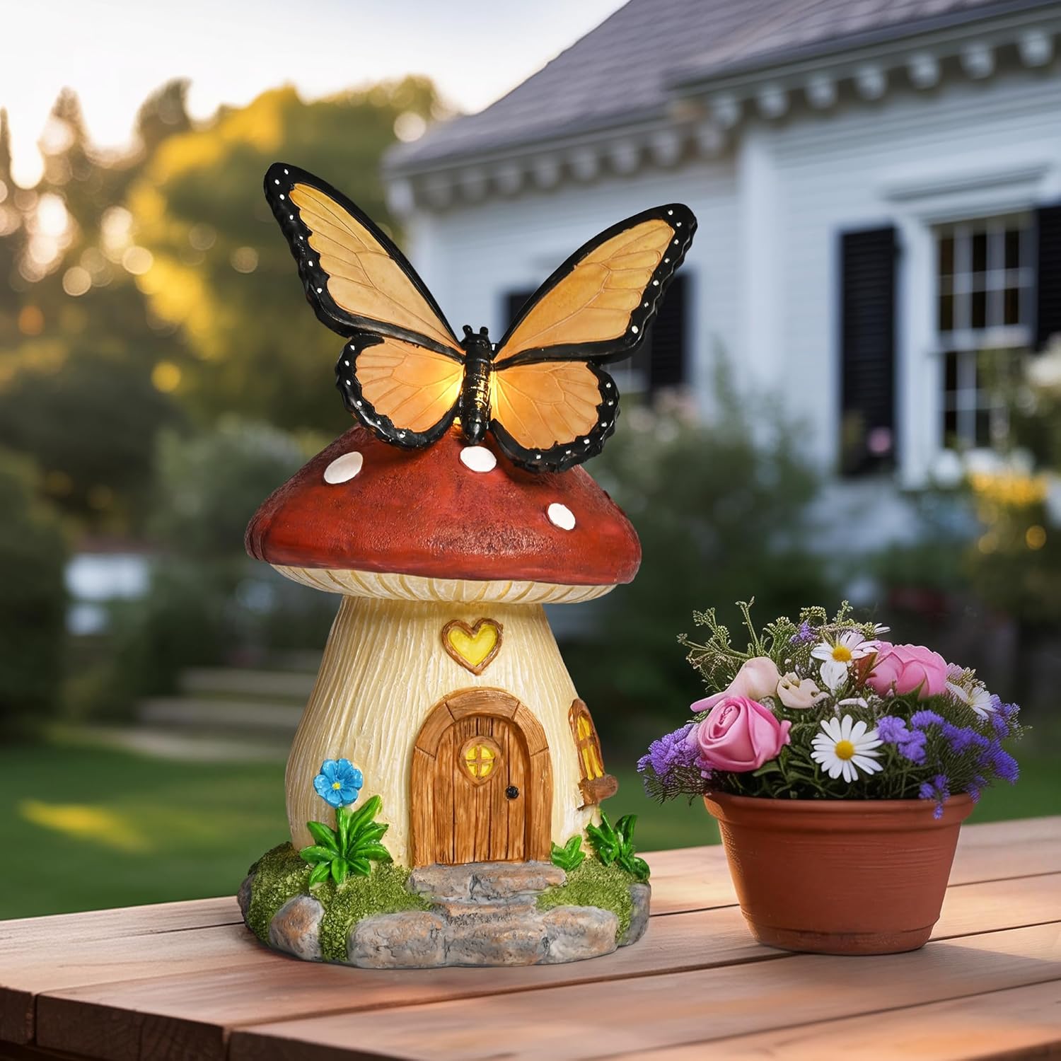 GIGALUMI Fairy Garden Houses Mushroom 9.3",Garden Statues,Fairy Houses for Outside,Fairy Garden Accessories, Butterfly House, Mushroom Decor for Yard, Patio and Birthday Gifts for Mom Women