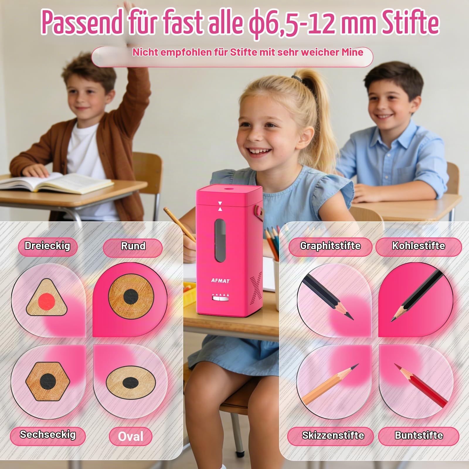 AFMAT Elektrischer Anspitzer, Vollautomatischer Anspitzer, Auto in & Out, Wiederaufladbarer Hands-Free Anspitzer für Jumbo & Buntstifte (6,5-12 mm), Tragbar für Zuhause/Klassenzimmer/Büro,Rosarot,PSC6